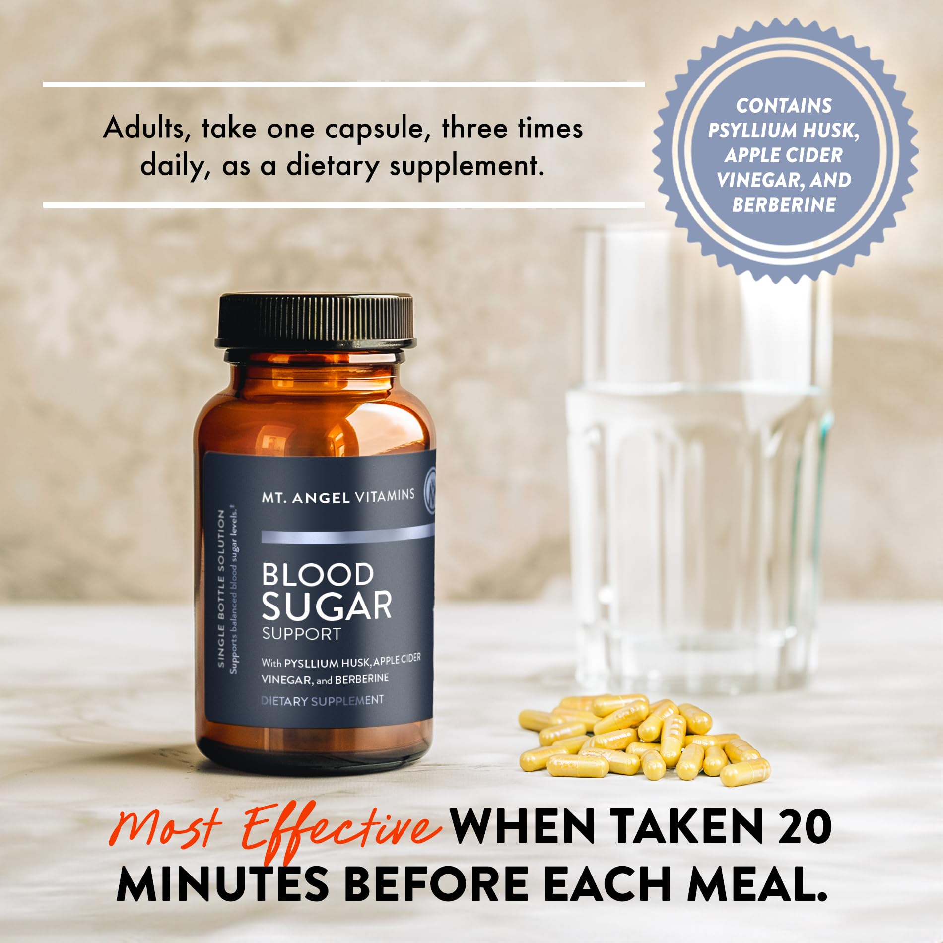 Mt. Angel Vitamins Blood Sugar Support Supplement - Natural Supplement with Pysllium Husk, Berberine with Ceylon Cinnamon, and Apple Cider Vinegar - Supports Healthy Blood Sugar Levels - 60 Capsules Mt. Angel Vitamins Au supplements