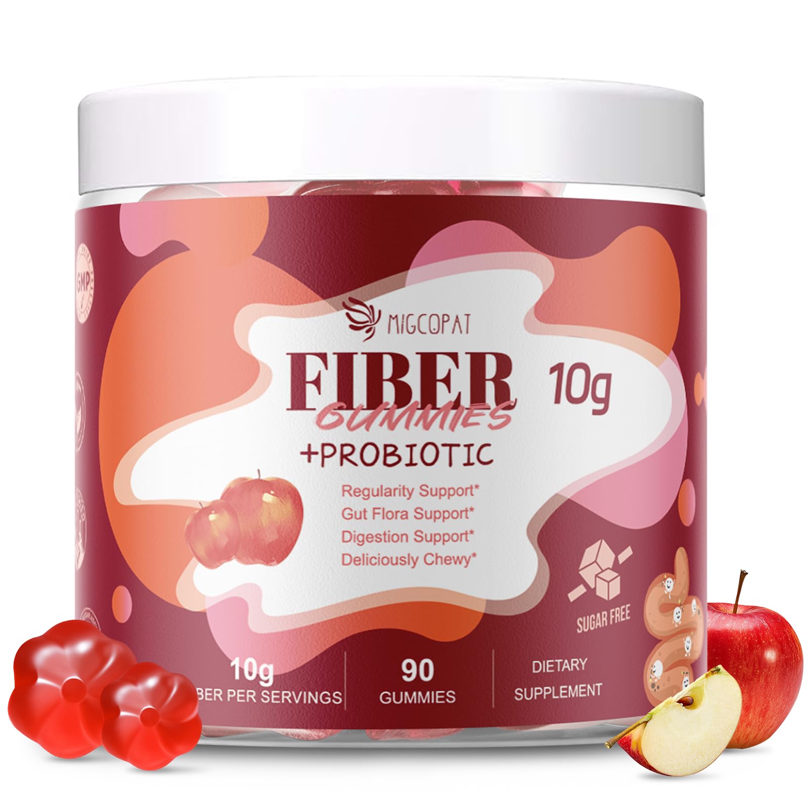 Migcopat Fiber Gummies with Probiotics,10G Fiber per Serving No Sugar Added Apple Flavor, with 10 Billion CFU Probiotics Blend, Apple Cider Vinegar, Vitamin C, Inulin, Bloating Support 90 Count Migcopat Au supplements