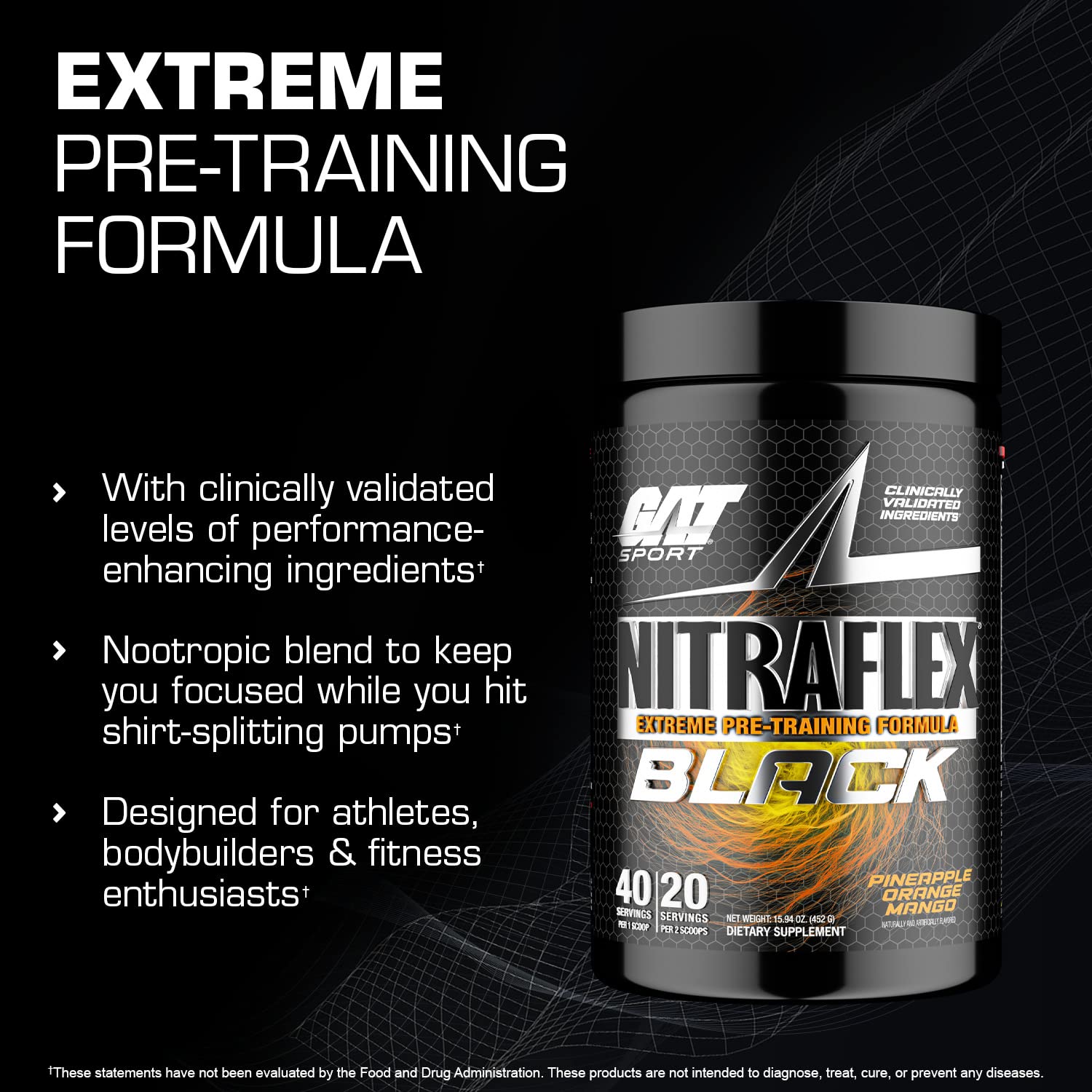 GAT SPORT Nitraflex Black Pre-Workout Powder, Extreme Pre-Training Formula for Men GAT SPORT Au supplements