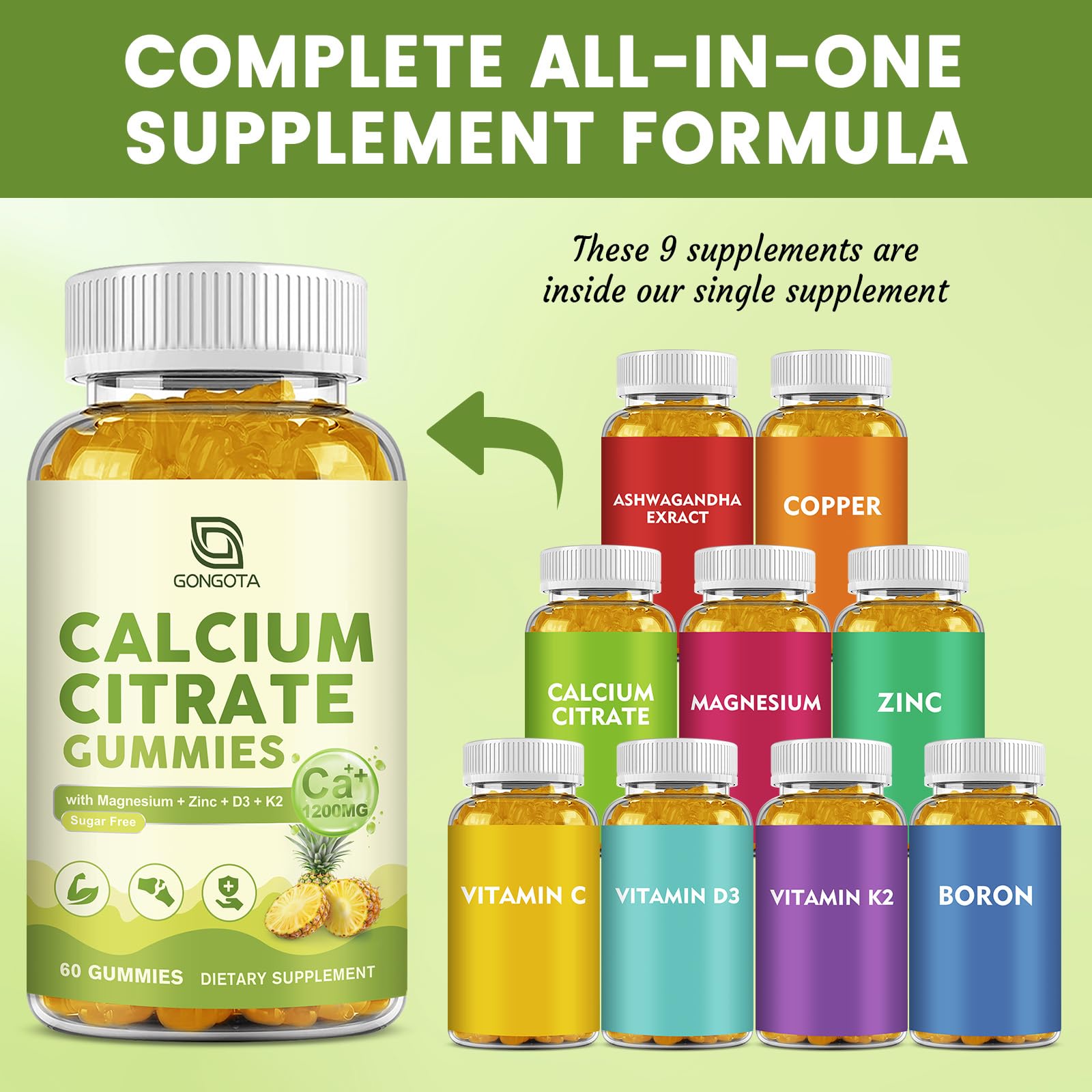 Calcium Citrate Gummies for Women, 1200mg Calcium Citrate Magnesium with Vitamin C D3 K2, Absorption Calcium Supplements for Bone, Muscle, Immune, Sugar Free (120Count) GONGOTA Au supplements
