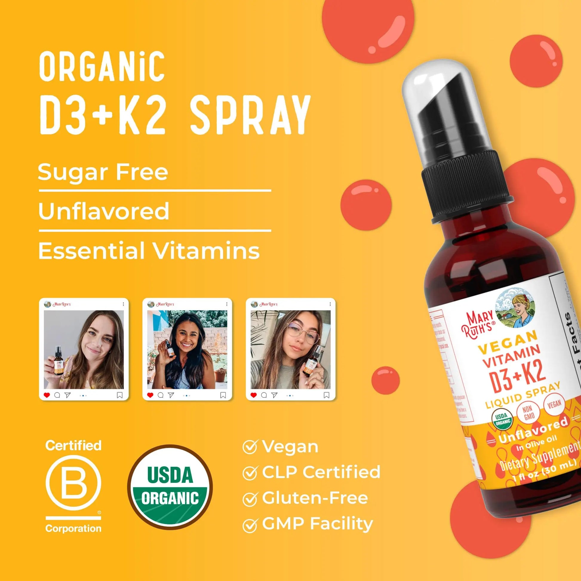 MaryRuth's Organic D3 + K2 Spray for Adults & Kids for Bone Health | Vitamin D3 as Cholecalciferol | Vitamin K2 | Immunity | Mineral Absorption | Heart Health | Vegan | Non-GMO | Gluten Free | 1 Fl Oz MARYRUTH'S Au supplements