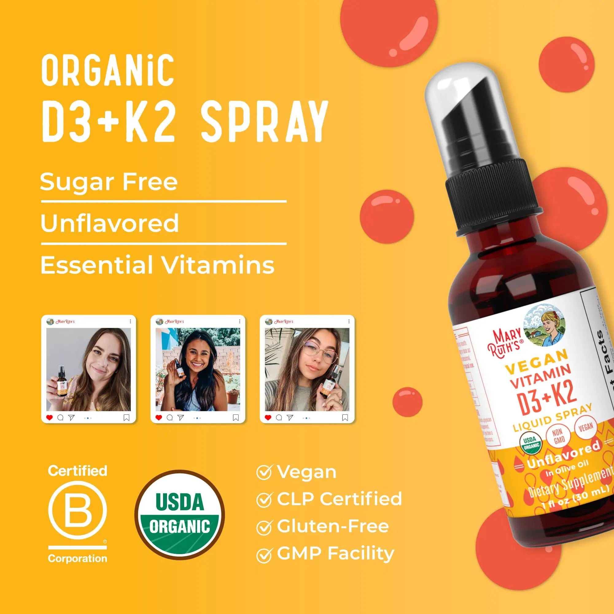 MaryRuth's Organic D3 + K2 Spray for Adults & Kids for Bone Health | Vitamin D3 as Cholecalciferol | Vitamin K2 | Immunity | Mineral Absorption | Heart Health | Vegan | Non-GMO | Gluten Free | 1 Fl Oz MARYRUTH'S Au supplements