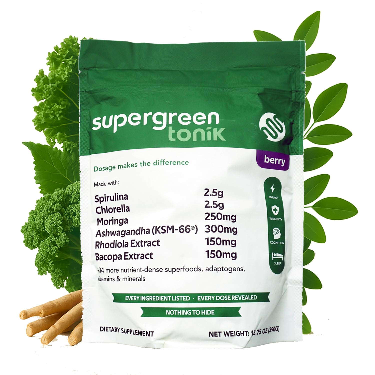 SUPERGREEN TONIK 100% Natural Greens Superfood Powder – Daily Supplement with 40 Superfoods, Vitamins and Minerals – Supports Energy, Stress and Immunity – 30 Days 360 Grams Berry Flavor (1 Bag) SUPERGREEN TONIK Au supplements