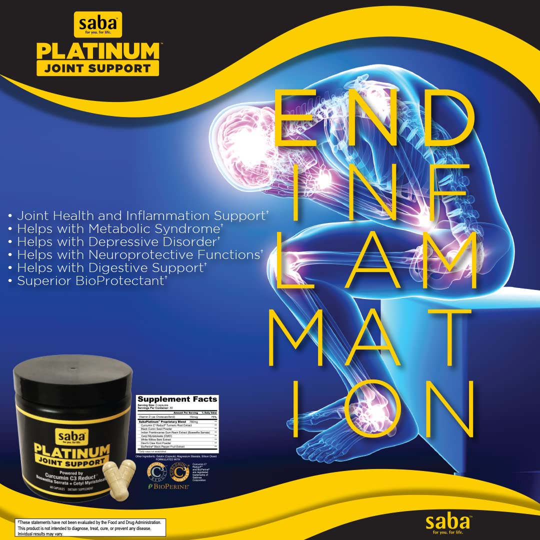 Saba Platinum Joint Support – High Absorption Curcumin C3 Reduct & Boswellia – Fast Acting Turmeric Supplement for Joint Pain Relief, Mobility & Healthy Inflammation Response – 60 Vegan Capsules Saba Au supplements