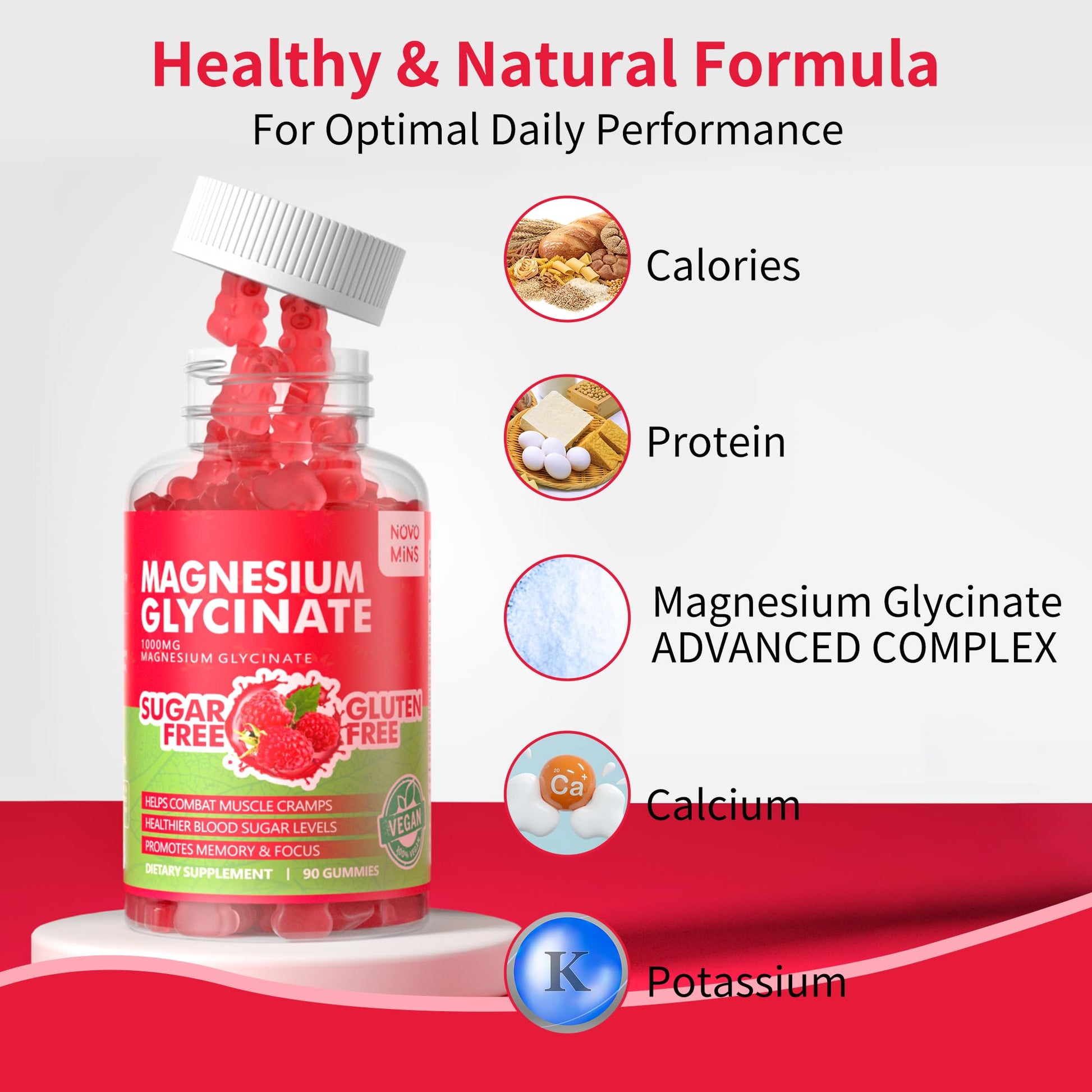 90 CT Magnesium Glycinate Gummies 1000mg - Sugar Free Magnesium Potassium Supplement with Vitamin D, B6, CoQ10 for Calm Mood & Sleep Support - 90 Raspberry Gummies novomins Au supplements