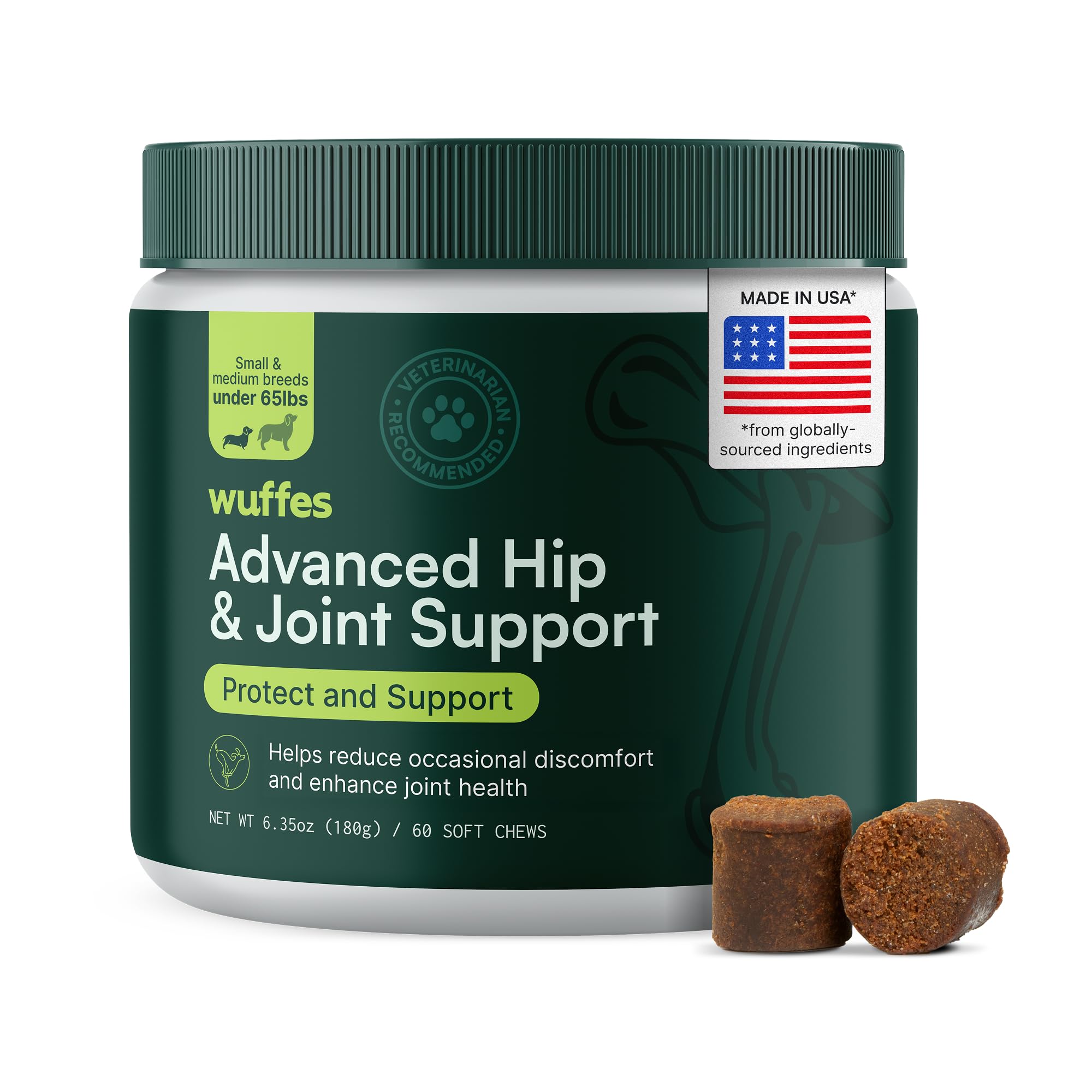 Wuffes Advanced Dog Hip and Joint Supplement with Glucosamine, Chondroitin, Omega 3, MSM, and Green Lipped Mussel, 60 Pork Flavored Chews for Small and Medium Dog Breeds Wuffes Au supplements