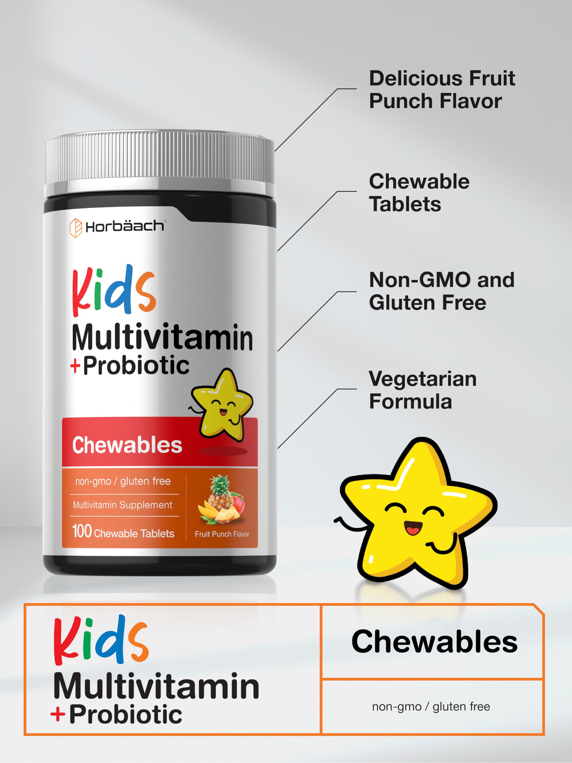 Horbäach Kids Multivitamin with Probiotics | 100 Chewable Tablets | Fruit Punch Flavor | Vegetarian, Non-GMO, Gluten Free Children's Supplement Horbäach Au supplements