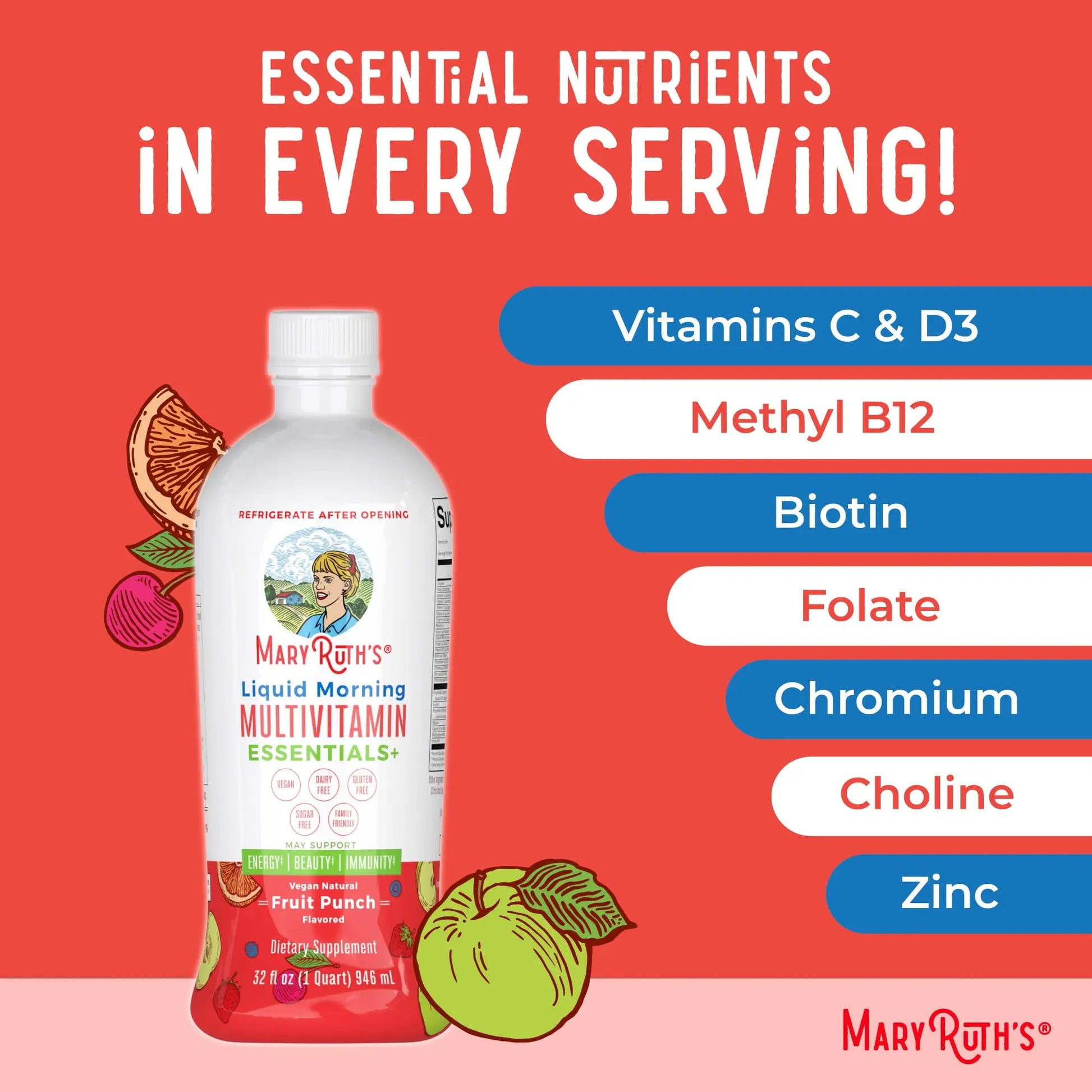 MaryRuth Organics Liquid Morning Multivitamin Essentials+ | Vitamin A C D E B6 B12 Biotin Zinc, Mens Womens Multivitamin, Immune Support, Beauty | Sugar Free | Vitamins for Ages 1+ | Vegan | 32 Fl Oz MARYRUTH'S Au supplements