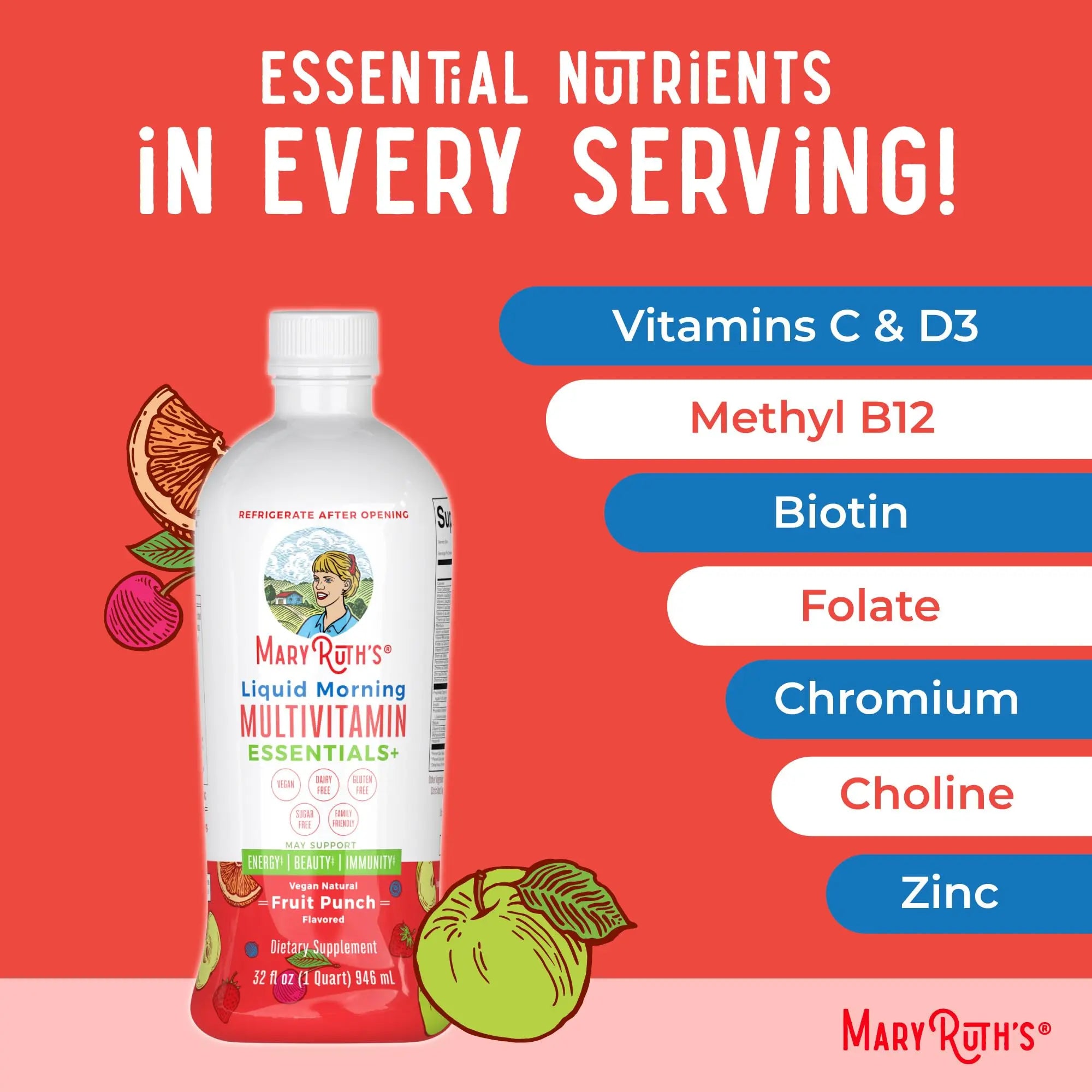 MaryRuth Organics Liquid Morning Multivitamin Essentials+ | Vitamin A C D E B6 B12 Biotin Zinc, Mens Womens Multivitamin, Immune Support, Beauty | Sugar Free | Vitamins for Ages 1+ | Vegan | 32 Fl Oz MARYRUTH'S Au supplements