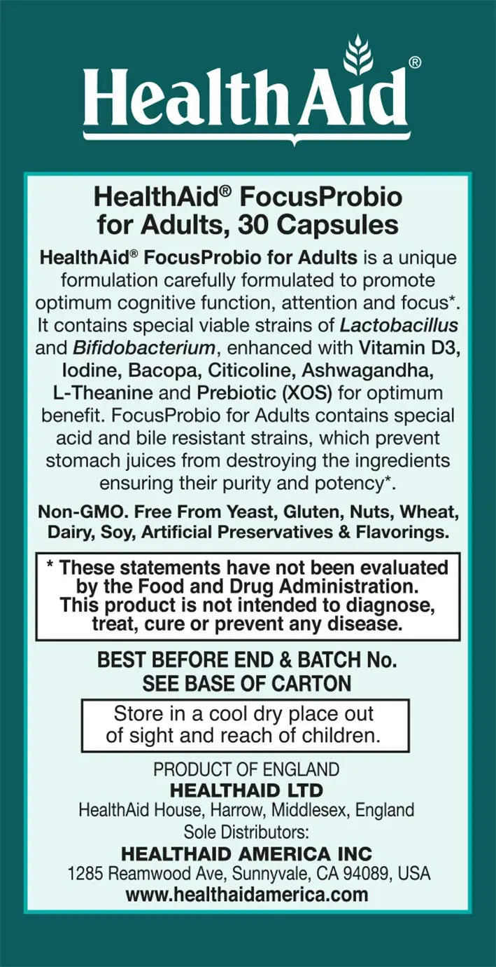 FocusProbio for Adults – 10 Billion CFU Probiotic with Prebiotic, Bacopa, Citicoline, L‑Theanine, Ashwagandha & Vitamin D₃ | Supports Focus, Mood & Gut-Brain Balance – Vegetarian, Once Daily HealthAid Au supplements