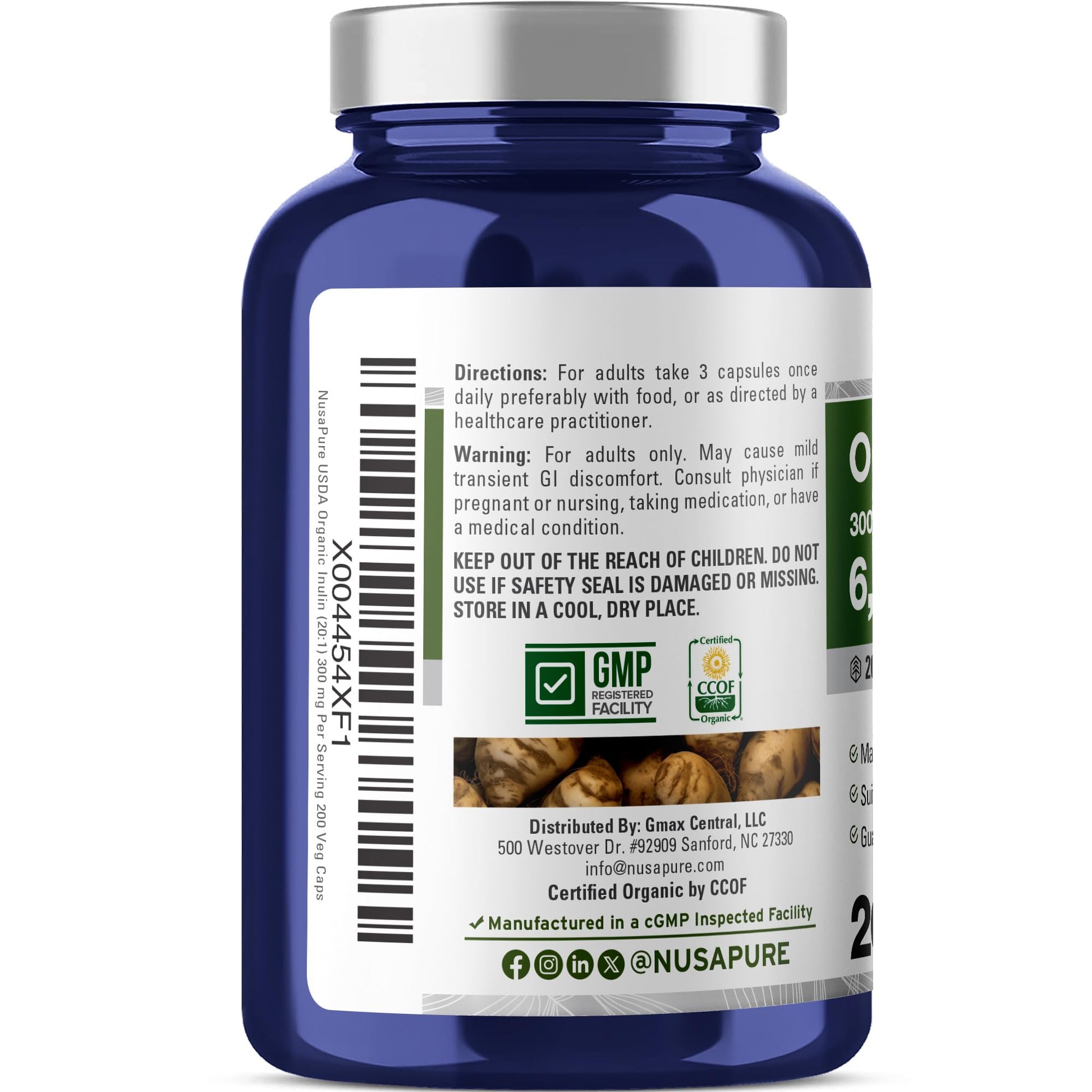 NusaPure Inulin Powder 20:1 Extract, 300 mg Equivalent to 6,000mg | 200 Veg Capsules |USDA Organic Suitable for Vegetarians, Vegan, Non-GMO Supplement NusaPure Au supplements