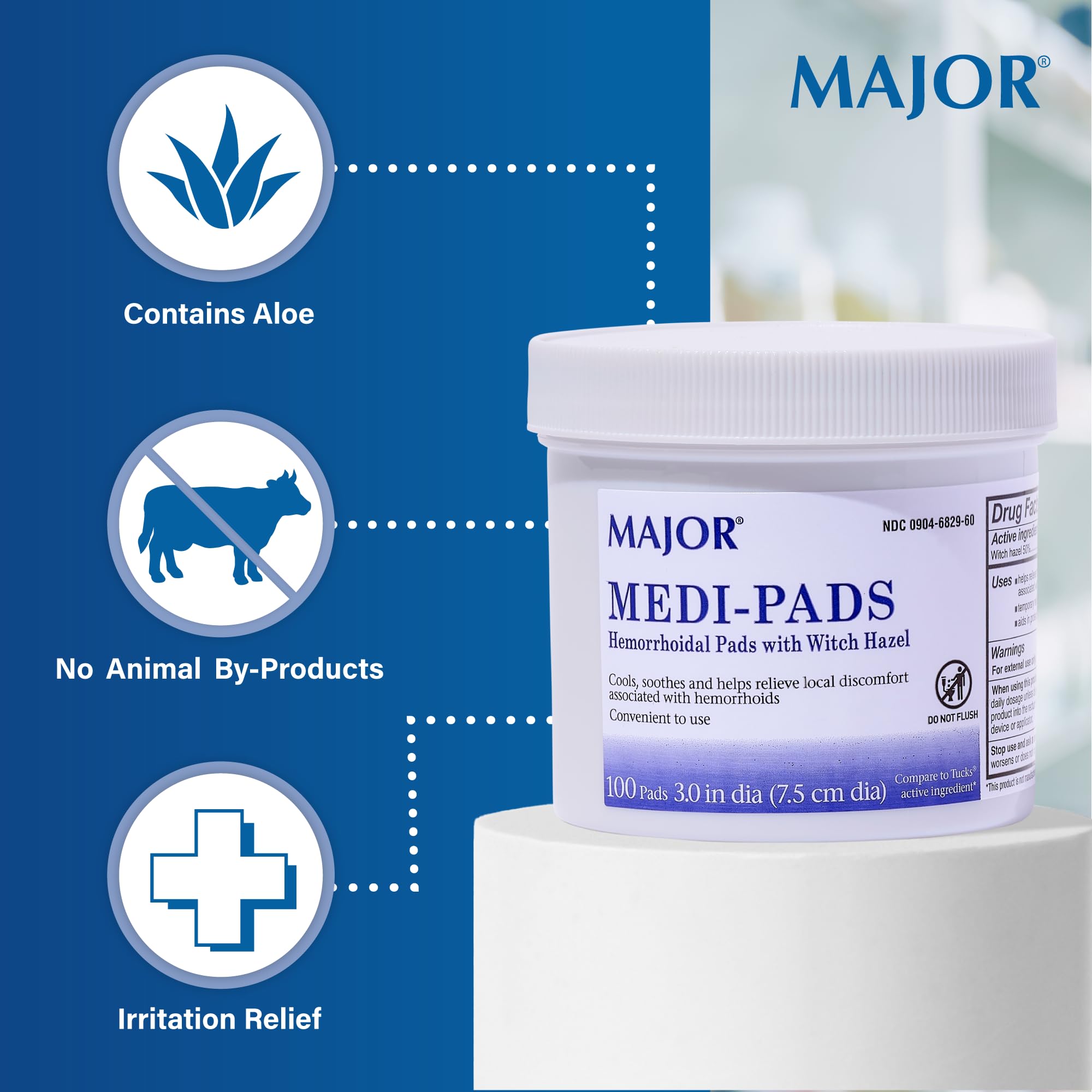 MAJOR Medi-Pads - Hemorrhoidal Hygienic Cleansing Witch Hazel Pads - Cooling Relief with Aloe - 100 Count Jar (3 Pack) MAJOR Au supplements
