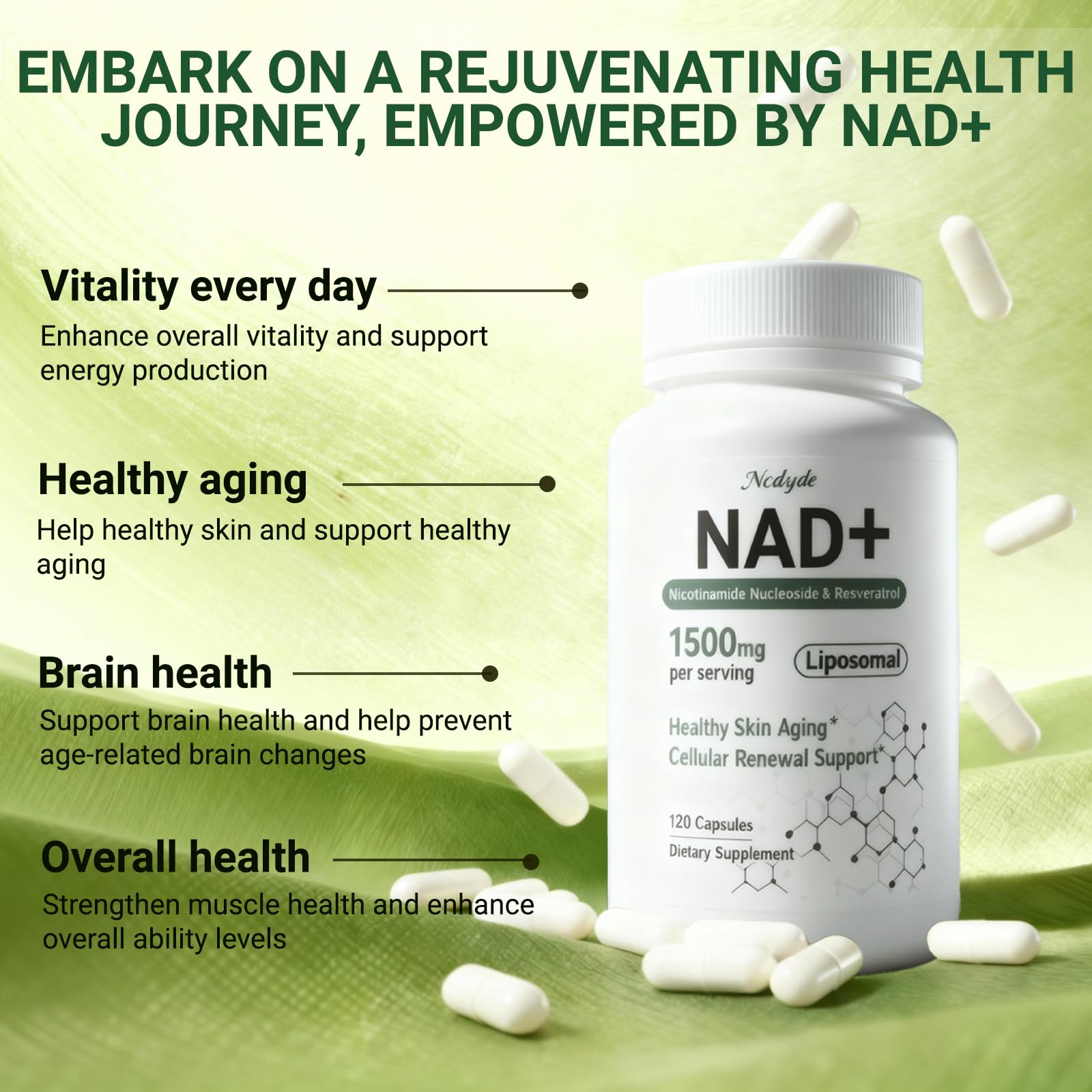 Ncduyde NAD+ Supplement, Liposomal NAD Nicotinamide Riboside Resveratrol 1500 mg - Anti-Aging & Brain Health, Improve Energy - Specifically for Women and Men, 120 Capsules Ncduyde Au supplements