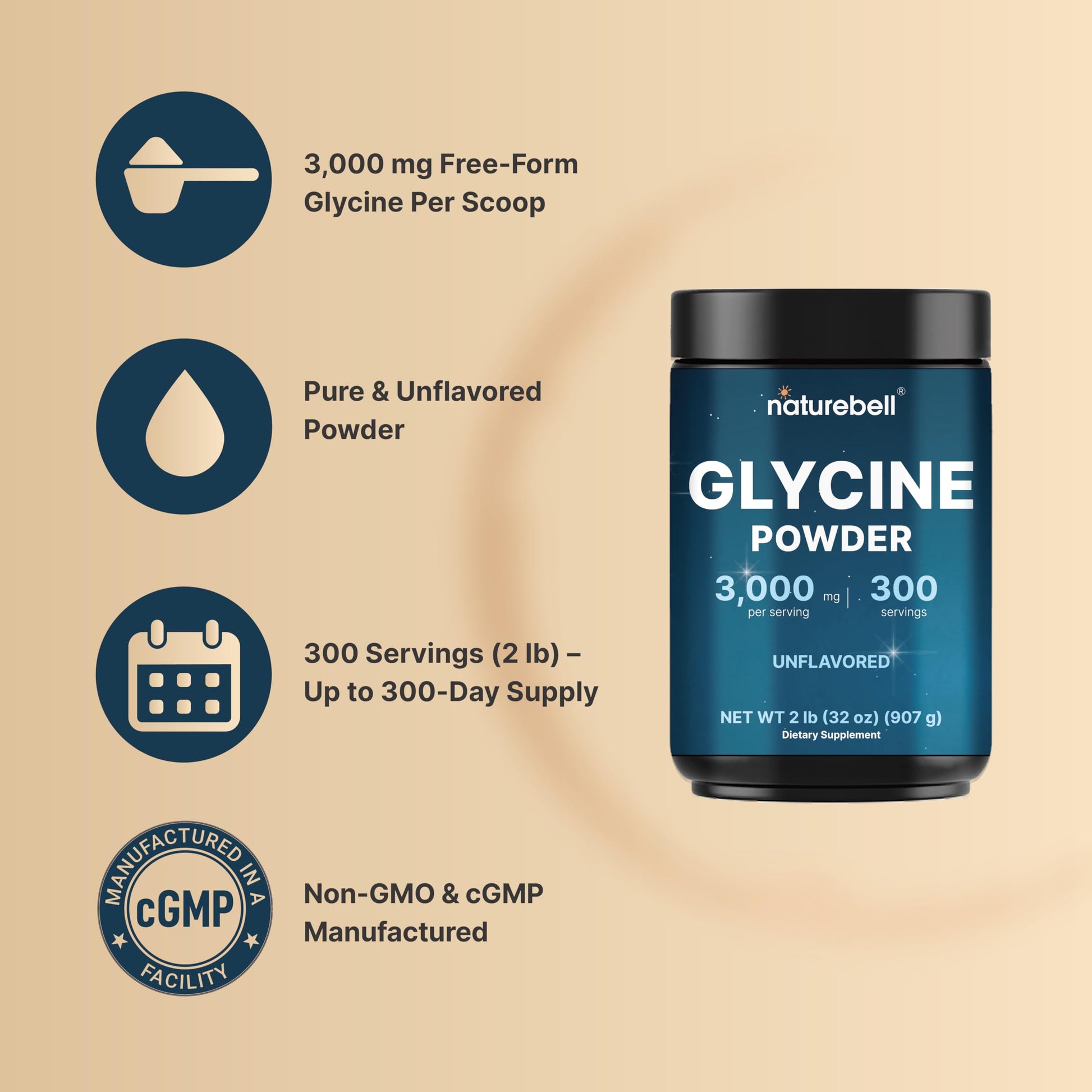 Glycine Powder, 300 Servings (2 lb) – 3,000 mg Free-Form Glycine Per Serving – Unflavored Pure Powder – Non-GMO, cGMP Manufactured NatureBell Au supplements