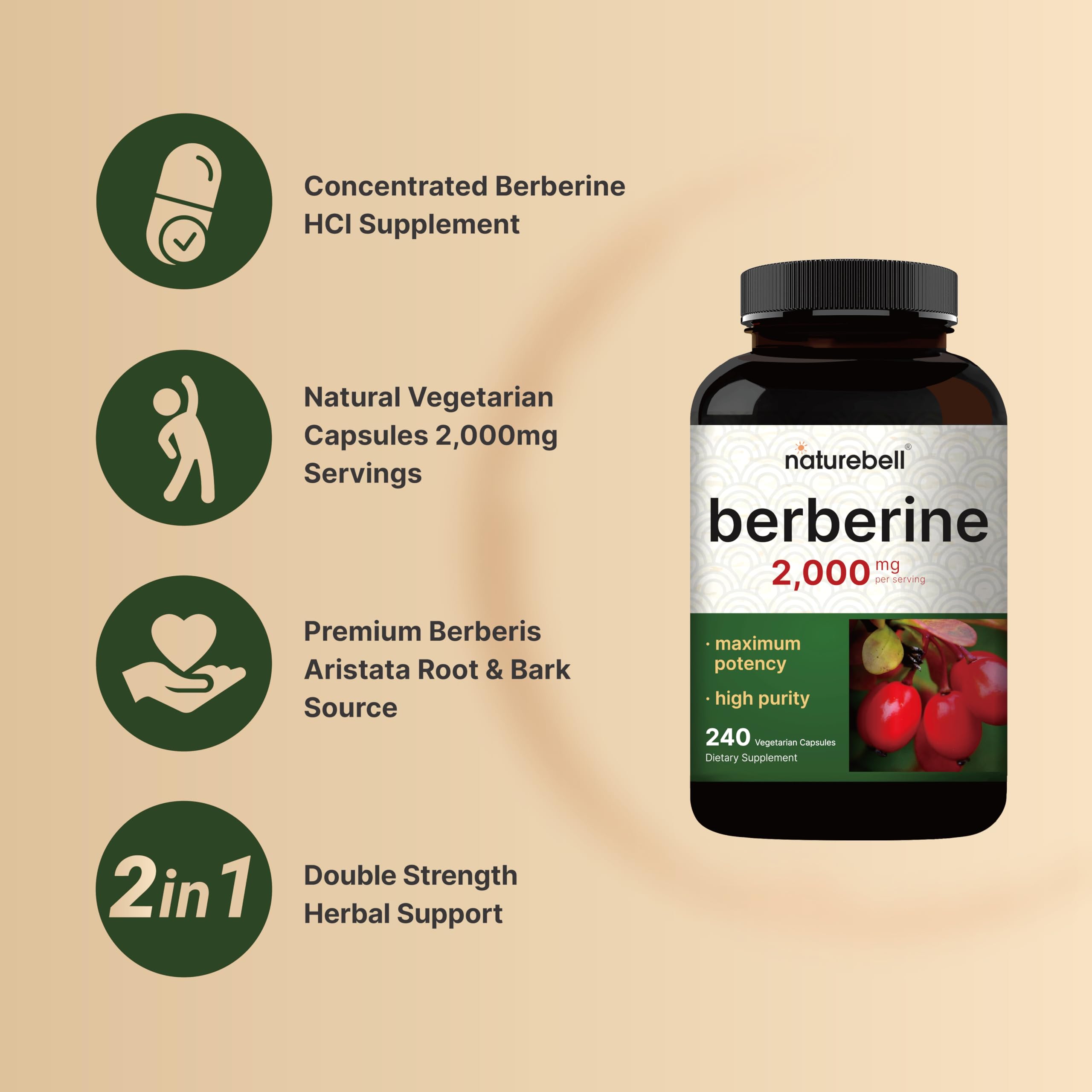 Berberine Supplement 500mg Per Capsule (2,000mg Per Serving) | 240 Veggie Capsules, 97% Pure Berberine HCL – Plant Based, Vegan, Non-GMO NatureBell Au supplements