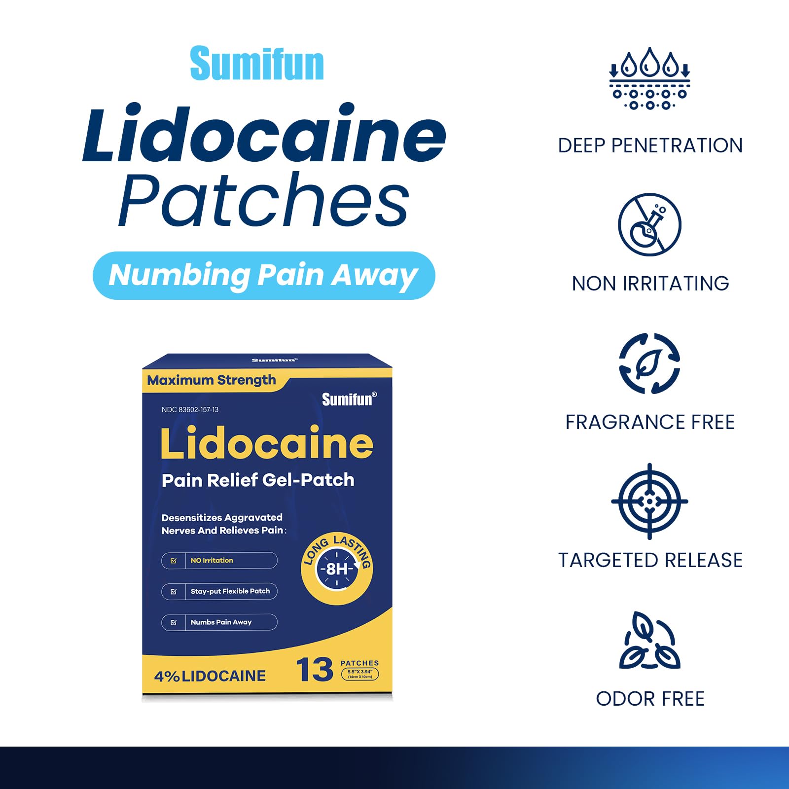 Sumifun 4% Lidocaine Patches Maximum Strength - 13 Count Pain Relieving Gel Patch for Muscle Soreness, Back Ache, Knee, Neck & Joint Pains - Topical Analgesic (Large, Count, 13) Sumifun Au supplements