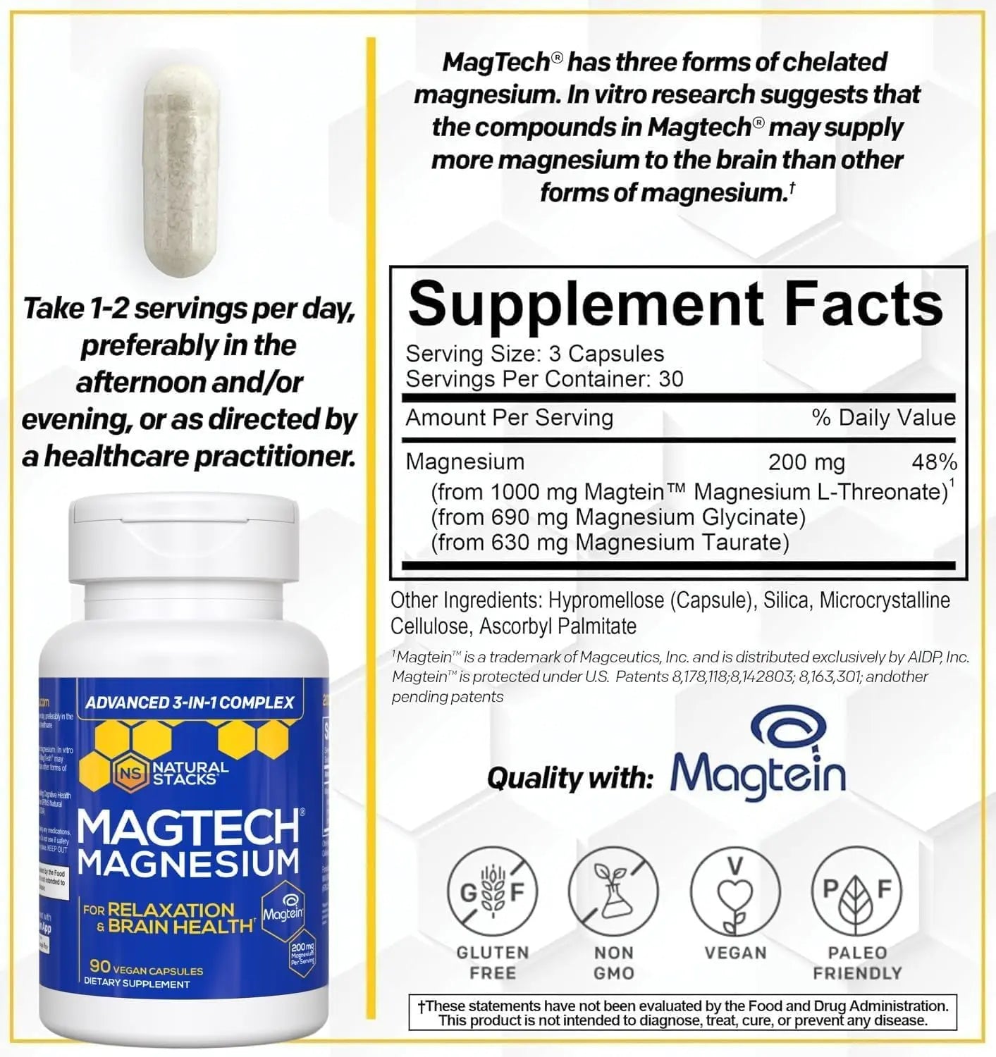 MagTech Magnesium Complex for Women & Men - 3 Forms of Magnesium: Glycinate, Magtein L-Threonate & Taurate - 200mg Chelated Complex - Support for Relaxation & Brain Health - 90 Glycinate Capsules NATURAL STACKS Au supplements