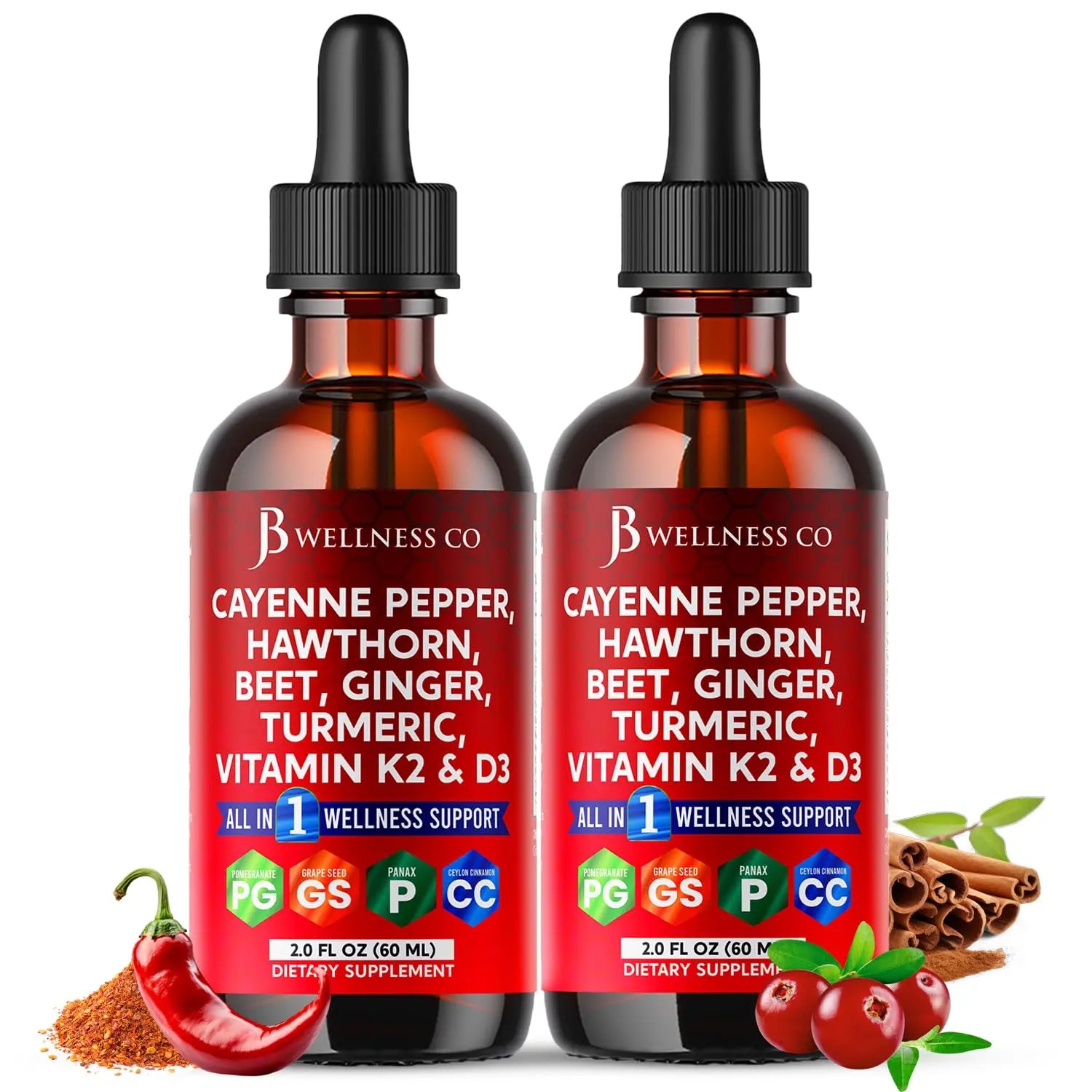 Cayenne Pepper Supplement Liquid Drops + Hawthorn Berry, Vitamin D3 K2 Beet Root Powder, Ceylon Cinnamon, Turmeric Curcumin, Organic Panax Ginseng - 4oz JB Wellness Co Au supplements
