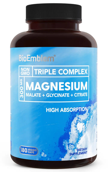 BioEmblem Triple Magnesium Complex | 300mg of Magnesium Glycinate, Malate, & Citrate for Muscles, Nerves, & Energy | High Absorption | Vegan, Non-GMO (180 Capsules) BioEmblem Au supplements