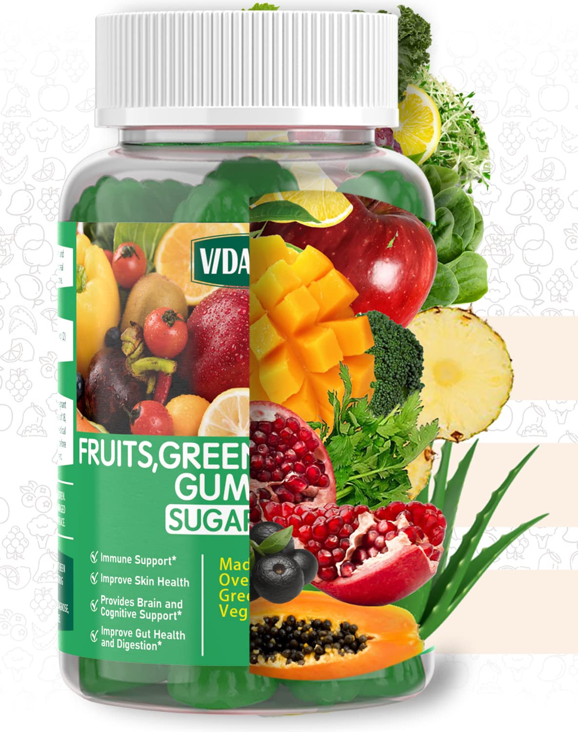 VIDAVITE Sugar-free Super Greens Gummies — US-Made, 35+ Fruit and Veggie gummies to Boost Immunity, Skin & Gut Health — Ideal Fruits and Vegetables Supplement for Adults & Picky Teens (30-Days Supply) VIDAVITE Au supplements