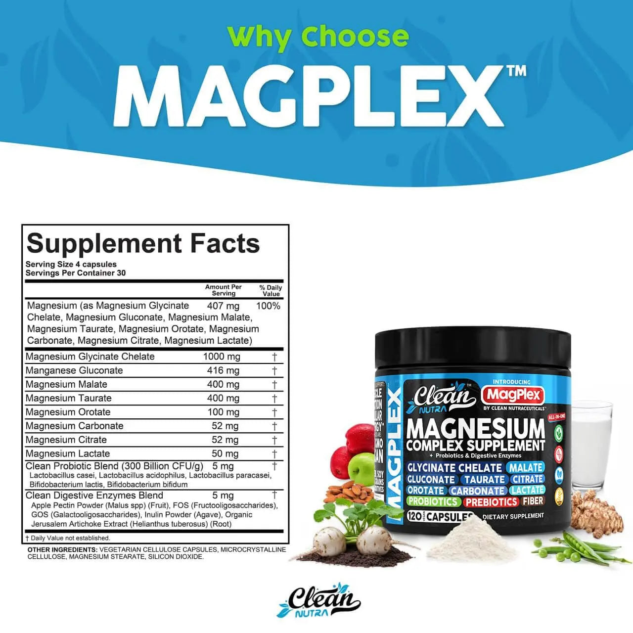 8in1 Magnesium Supplement Complex | Magnesium Glycinate Citrate Malate Gluconate Orotate Carbonate Lactate + Prebiotics Probiotics Digestive Enzymes Magnesio Capsules for Women Men By Clean Nutra Clean Nutraceuticals Au supplements