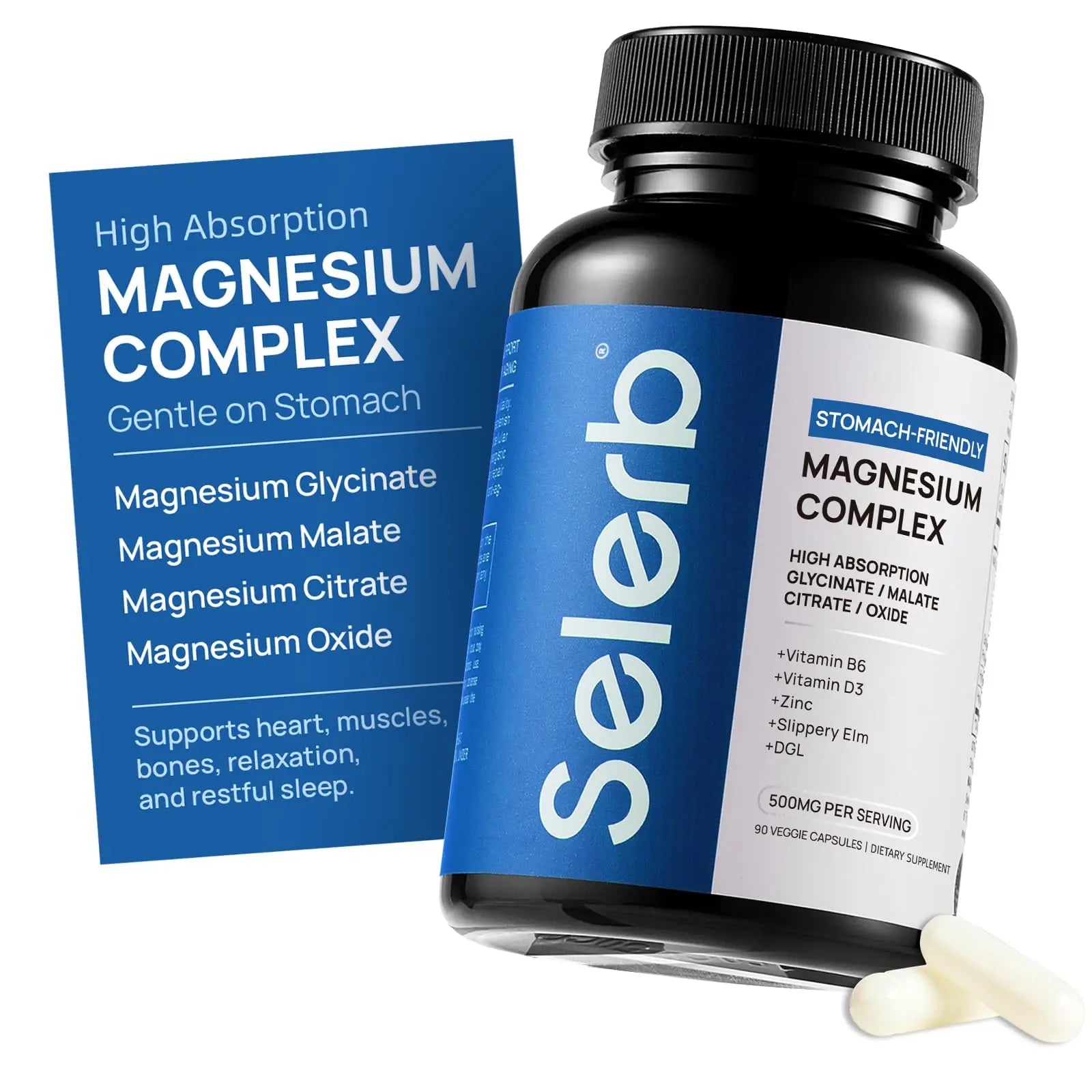 Selerb Magnesium Complex for Women and Men-Glycinate,Malate,Citrate,Oxide Supports Calm, Sleep, Muscle & Energy with D3, B6, Zinc, Slippery Elm & DGL Gentle on Stomach 90 Capsules Selerb Au supplements