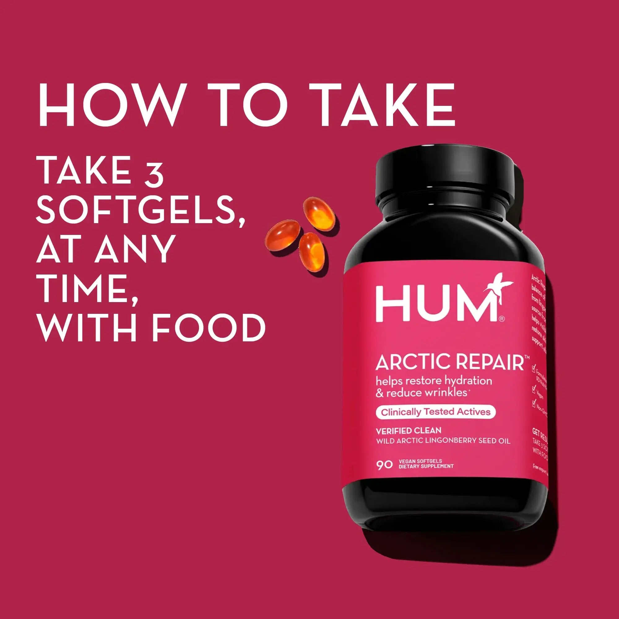 HUM Arctic Repair Clear Skin Supplement with Omega 3, Vitamin E, A, and Lingonberry Seed Oil, Skin Repair with Omega 3 6 9 to Help Support Appearance of Wrinkles & Hydrate, 90 Vegan Softgels HUM Au supplements