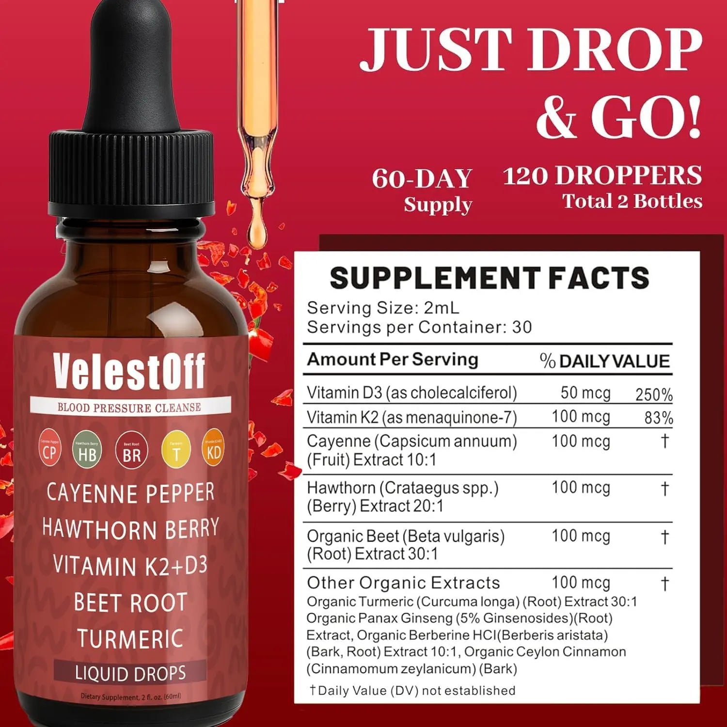Velestoff Cayenne Pepper | Cayenne Heart & Circulation Blend – Botanical Extracts with Hawthorn, Beet Root, Turmeric, Vitamin K2 & D3 – Daily Wellness Drops (2 fl oz) (2) DFTLUUE Au supplements