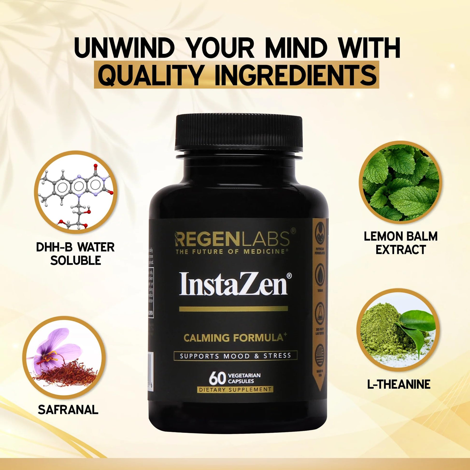 InstaZen Natural Stress Relief Supplement Mood Support | Doctor Formulated Herbal Calm Formula with DHHB, Safranal Extract, L-Theanine, Lemon Balm | Stress Support - 60 Capsules Regen Labs Regen Labs Au supplements