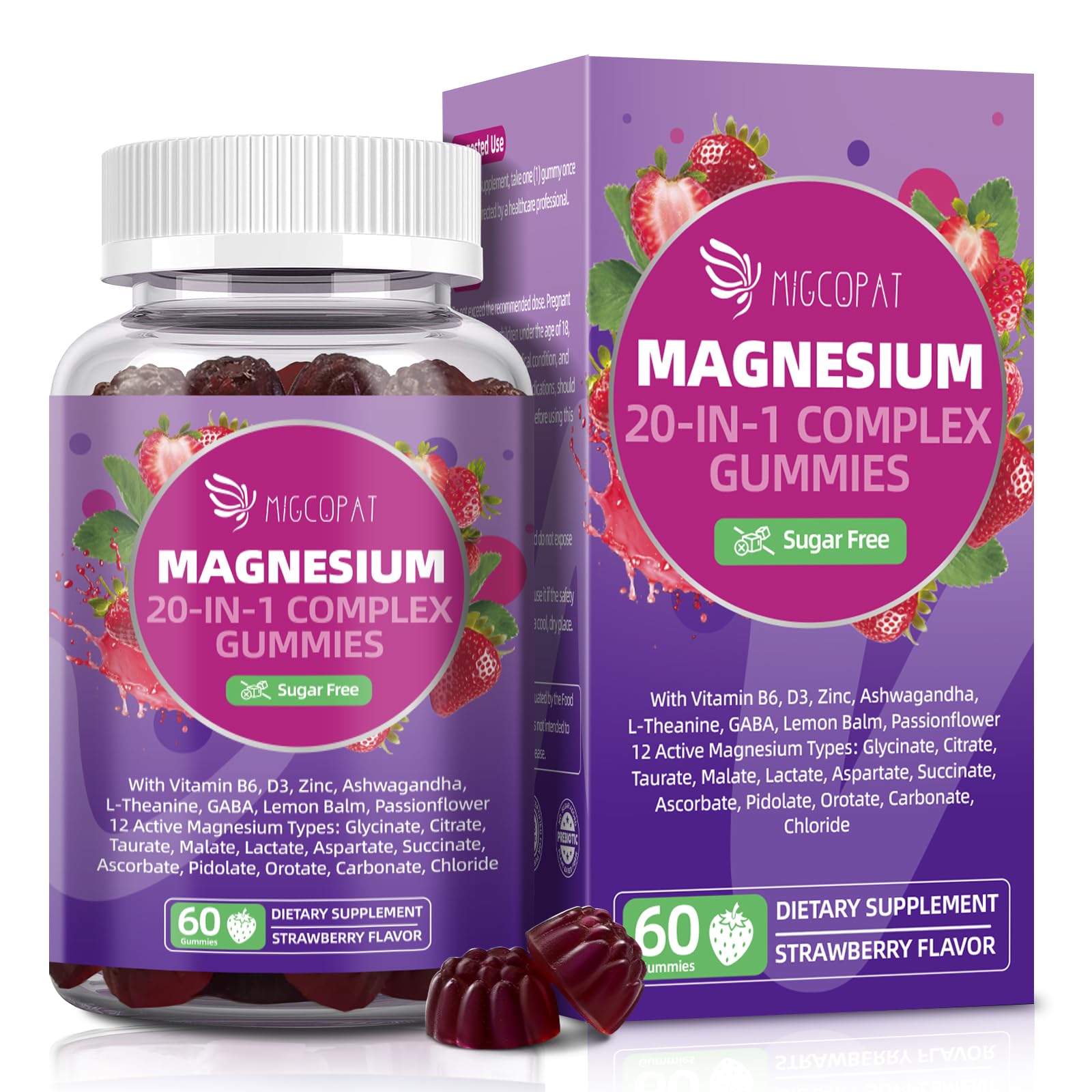 Migcopat Magnesium Complex Gummies, 20 in 1 Magnesium Gummy with Glycinate Citrate Malate Taurate - Ashwagandha, L-Theanine, D3&Zinc for Relaxation, Sleep, Muscle&Heart Support, Strawberry, 60 Cts Migcopat Au supplements