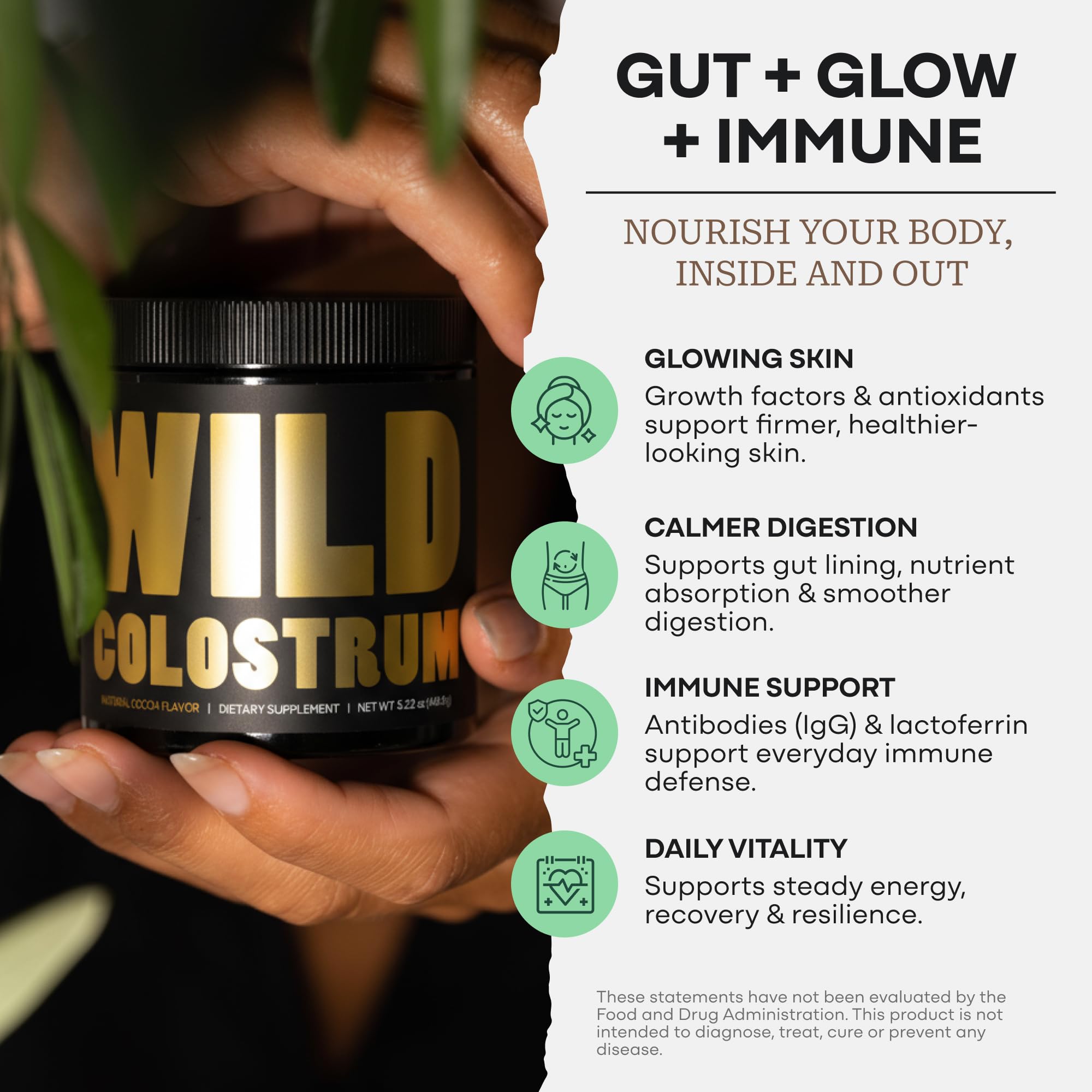 Colostrum Supplement - Grass Fed Pure Bovine Colostrum Powder - 2000mg & 400mg IgG (calostro bovino) - Gut, Immunity, Skin, Hair Support - Sugar Free, Natural Cacao Flavour, 30 Servings Wild Foods Au supplements