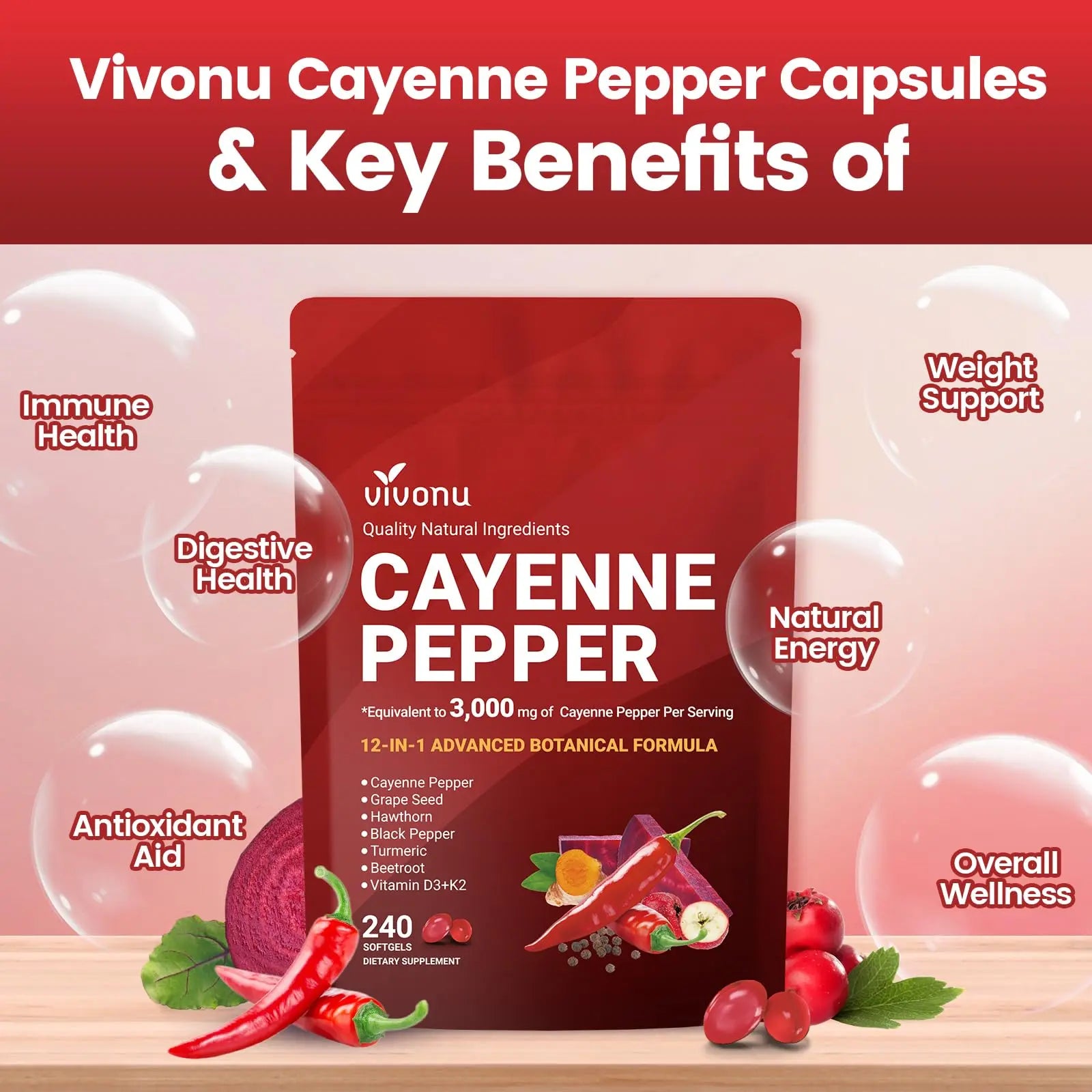 VivoNu Cayenne Pepper Softgels Supplement, Supports Leg Vein, Heart and Blood Vessel Health, with Vitamin E D3+K2 and Extracts of Grape Seed, Hawthorn, Beetroot, Berberine (Softgel / 1 Bag) VivoNu Au supplements