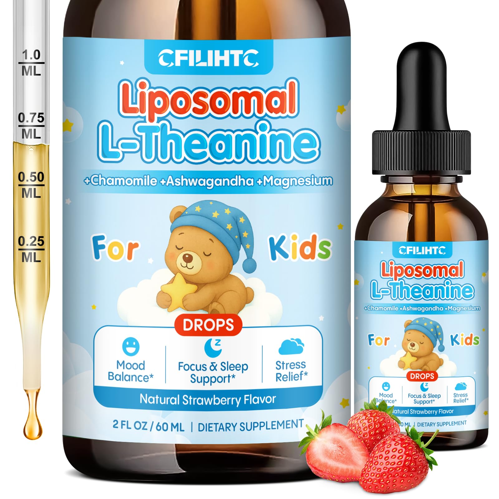 Liposomal L-Theanine Drops for Kids & Adults – Liquid L-Theanine Supplement with Magnesium Glycinate, Ashwagandha, Chamomile, Vitamin B6 & D3 – Supports Calm, Focus & Restful Sleep – Strawberry Flavor CFILIHTC Au supplements