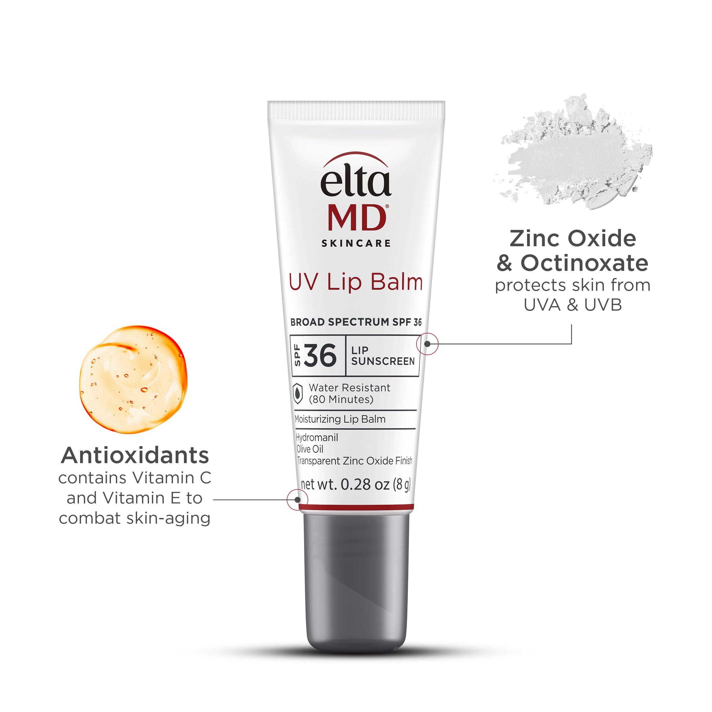 EltaMD UV Lip Balm SPF Sunscreen, Sunscreen Lip Balm with SPF 30+, Protects Dry Cracked Lips, Transparent Zinc Oxide, 0.28 Tube