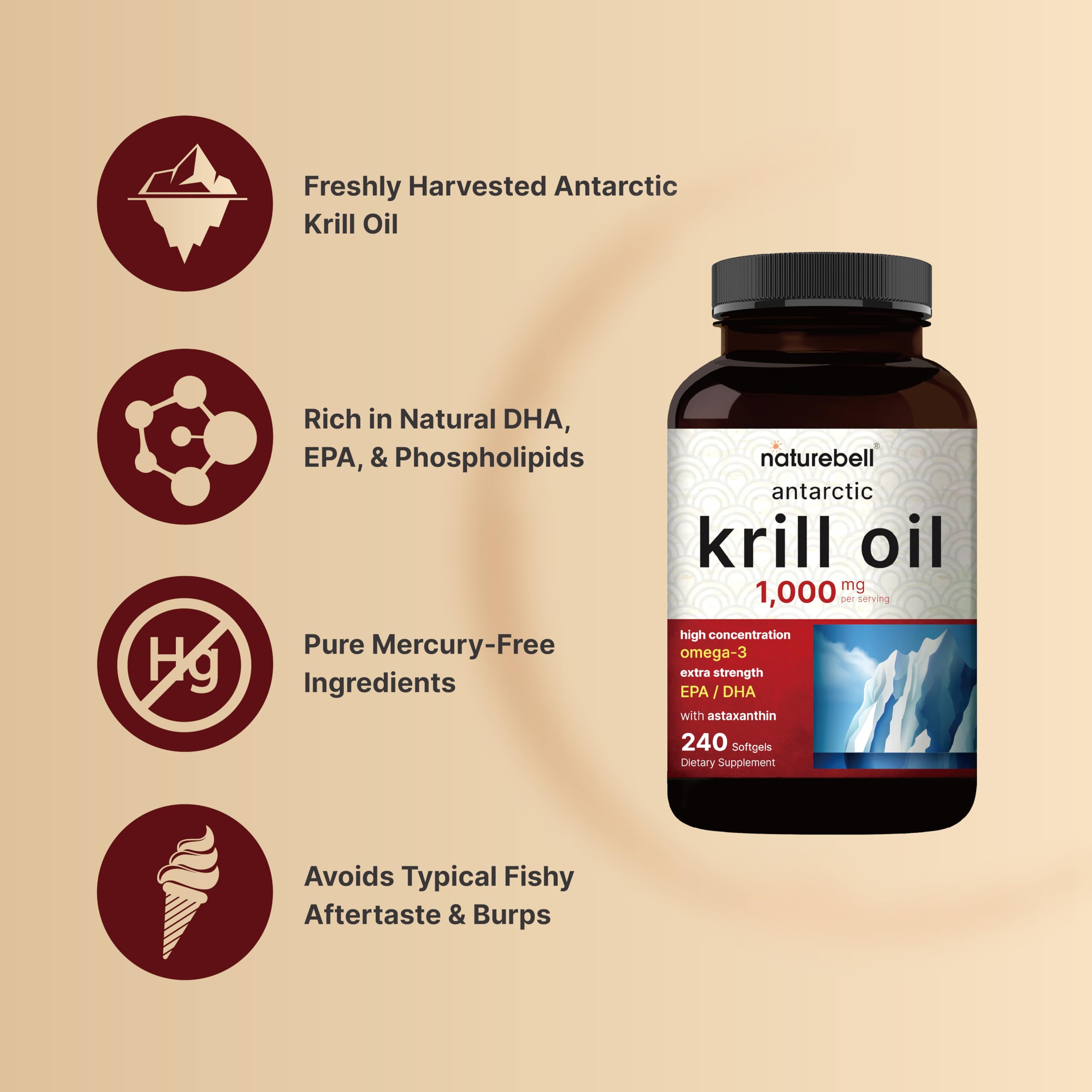NatureBell Antarctic Krill Oil 1000mg Supplement, 240 Softgels, Natural Source of Omega-3 NatureBell Au supplements