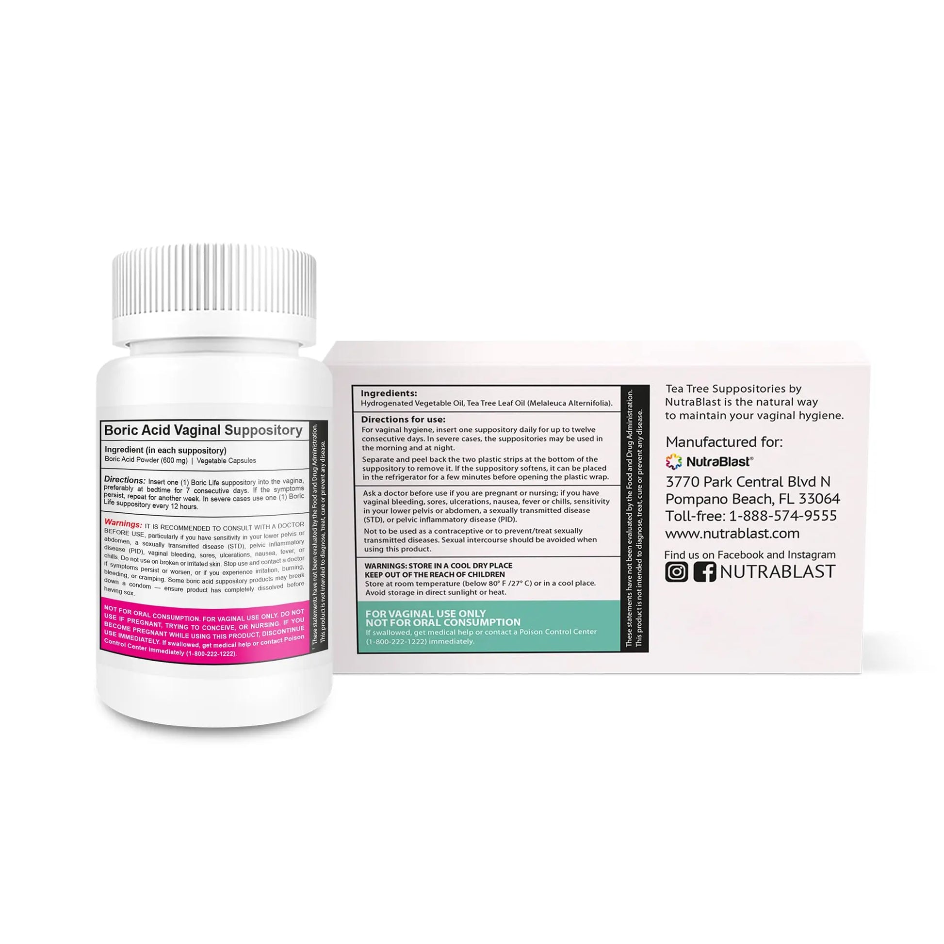 NutraBlast Boric Acid Suppositories 600mg (30 Count) Bundle with Tea Tree Oil Suppositories (12 Count) | All Natural Intimate Deodorant for Women | Restore Feminine pH Balance NutraBlast Au supplements
