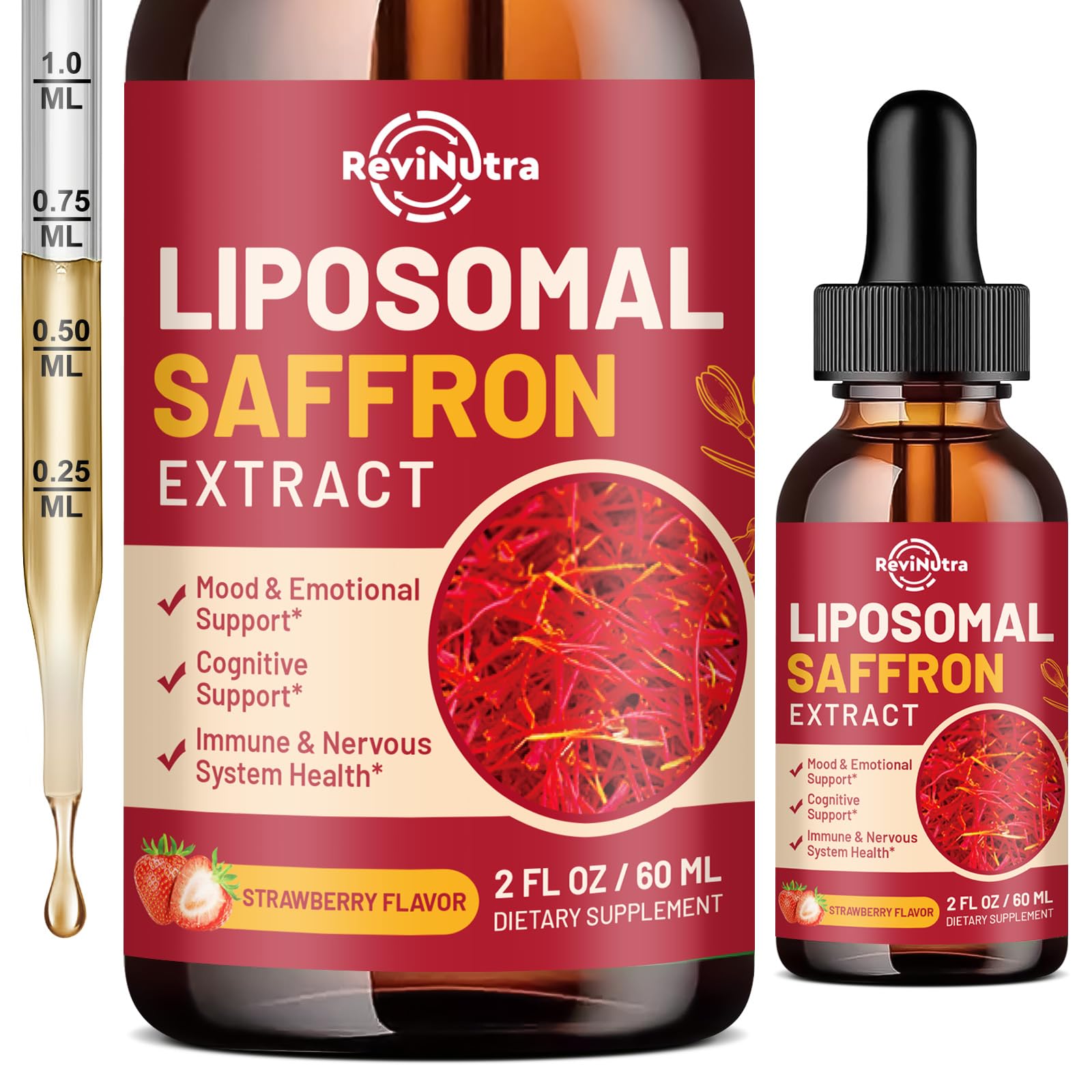 Saffron Supplements - 88.5mg Saffron Extract Liposomal Liquid Drops with Magnesium, Zinc, Ashwagandha, L-Theanine, Vitamin B6, D3 for Antioxidant Mood Energy Vision & Focus, Strawberry Flavor 2 Fl Oz ReviNutra Au supplements