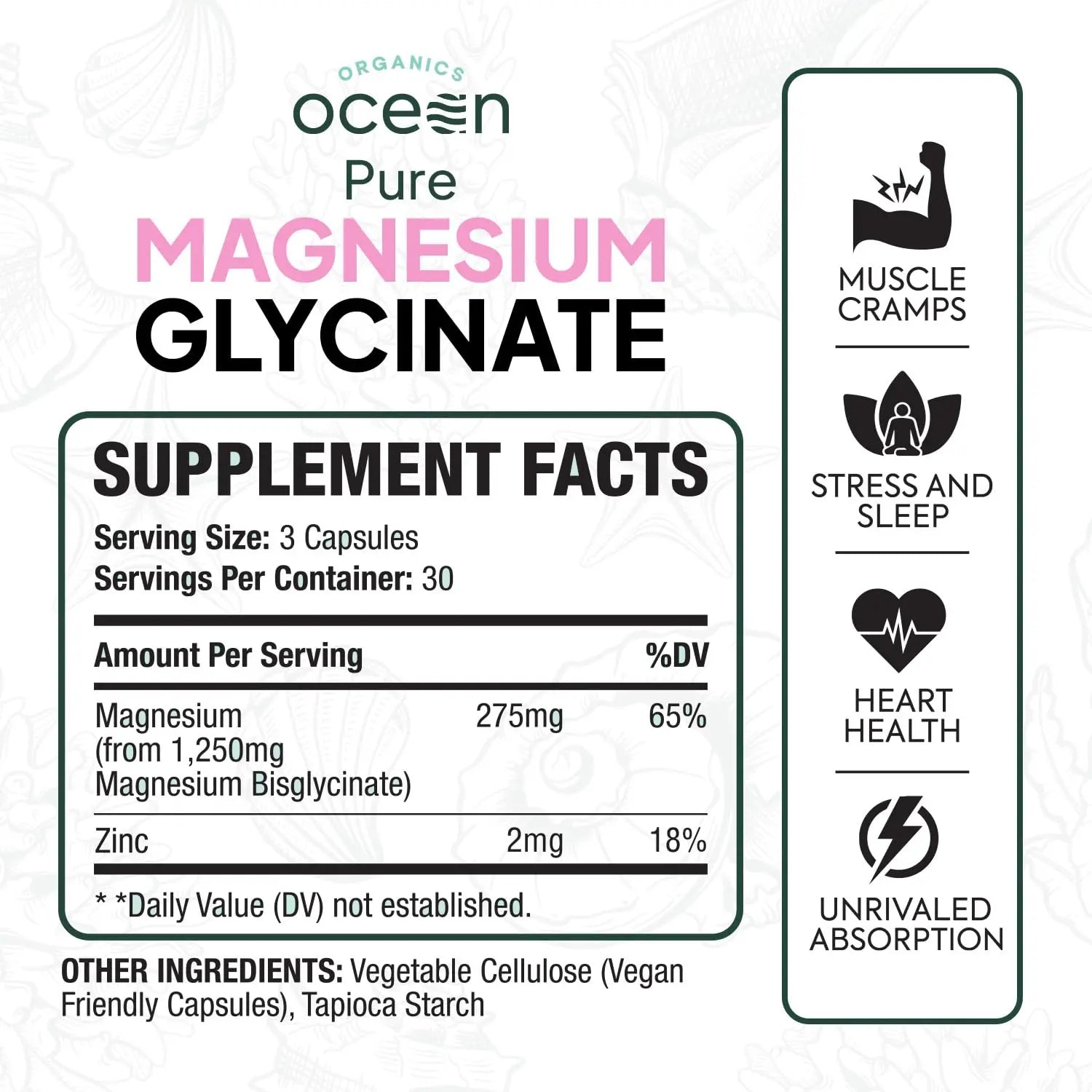 Organics Ocean Pure Magnesium Glycinate with Zinc - Maximum Strength Chelated Magnesium Supplement for Women and Men for Muscle Cramps and Sleep Support - 90 Capsule Organics Ocean Au supplements