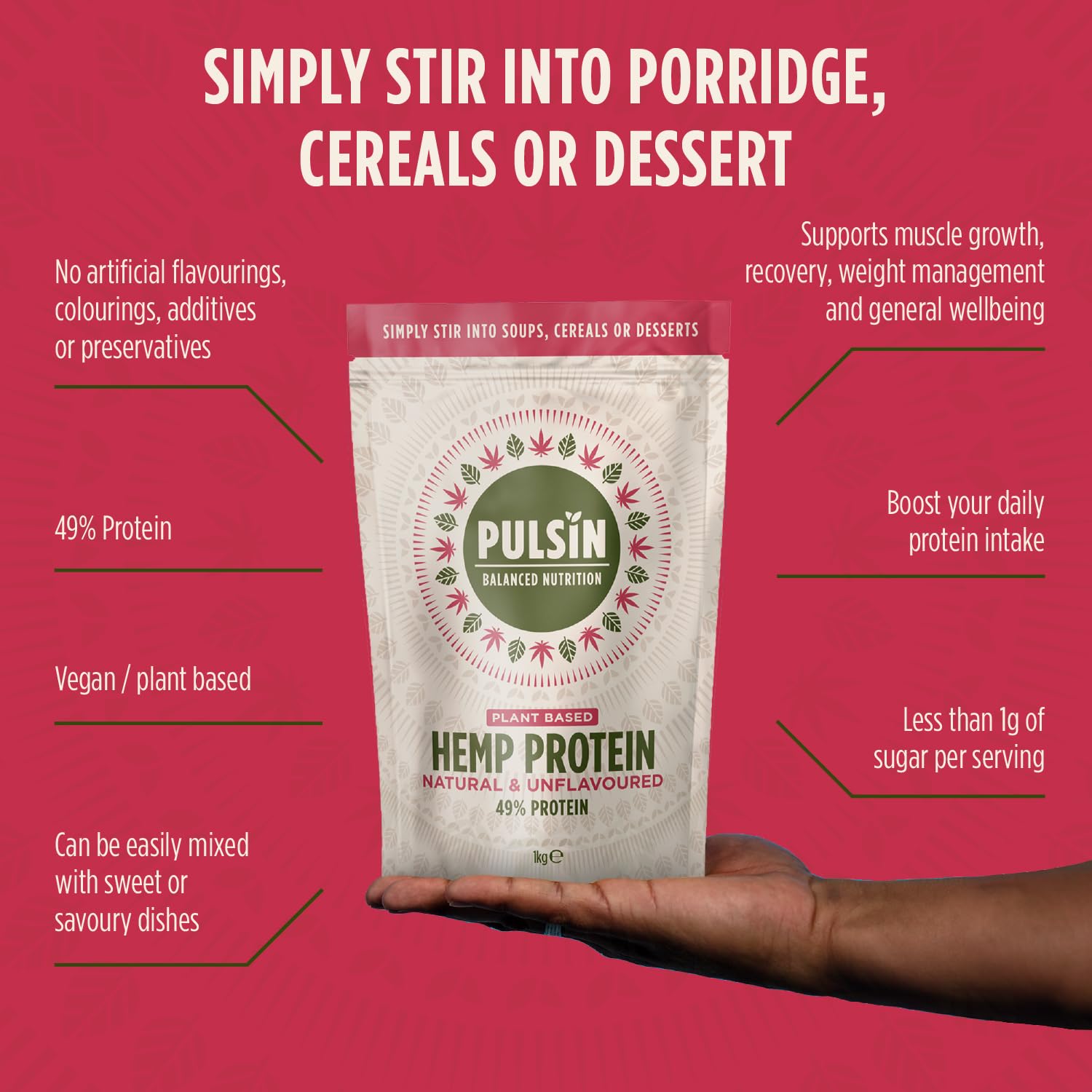 Pulsin - Natural Unflavoured Vegan Hemp Protein Powder - 1kg - 4.9g Protein, 0.4g Carbs, 35 Kcal Per Serving Pulsin Au supplements