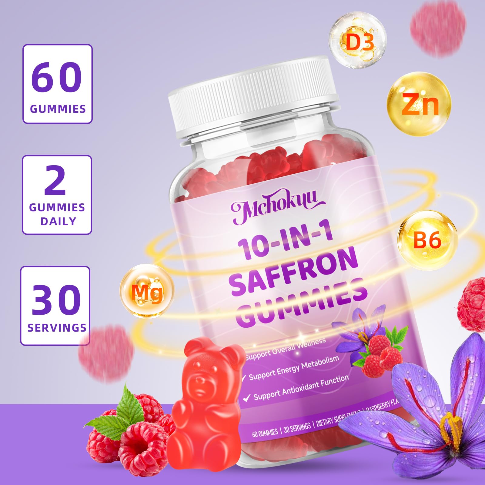 Saffron Supplement Gummies for Kids & Adults Supports Antioxidant Function with Ashwagandha, L-Theanine, Rhodiola Rosea, Lemon Balm, Vitamin D3, B6, Magnesium & Zinc – Raspberry Flavor, 60 Count Mchokuu Au supplements