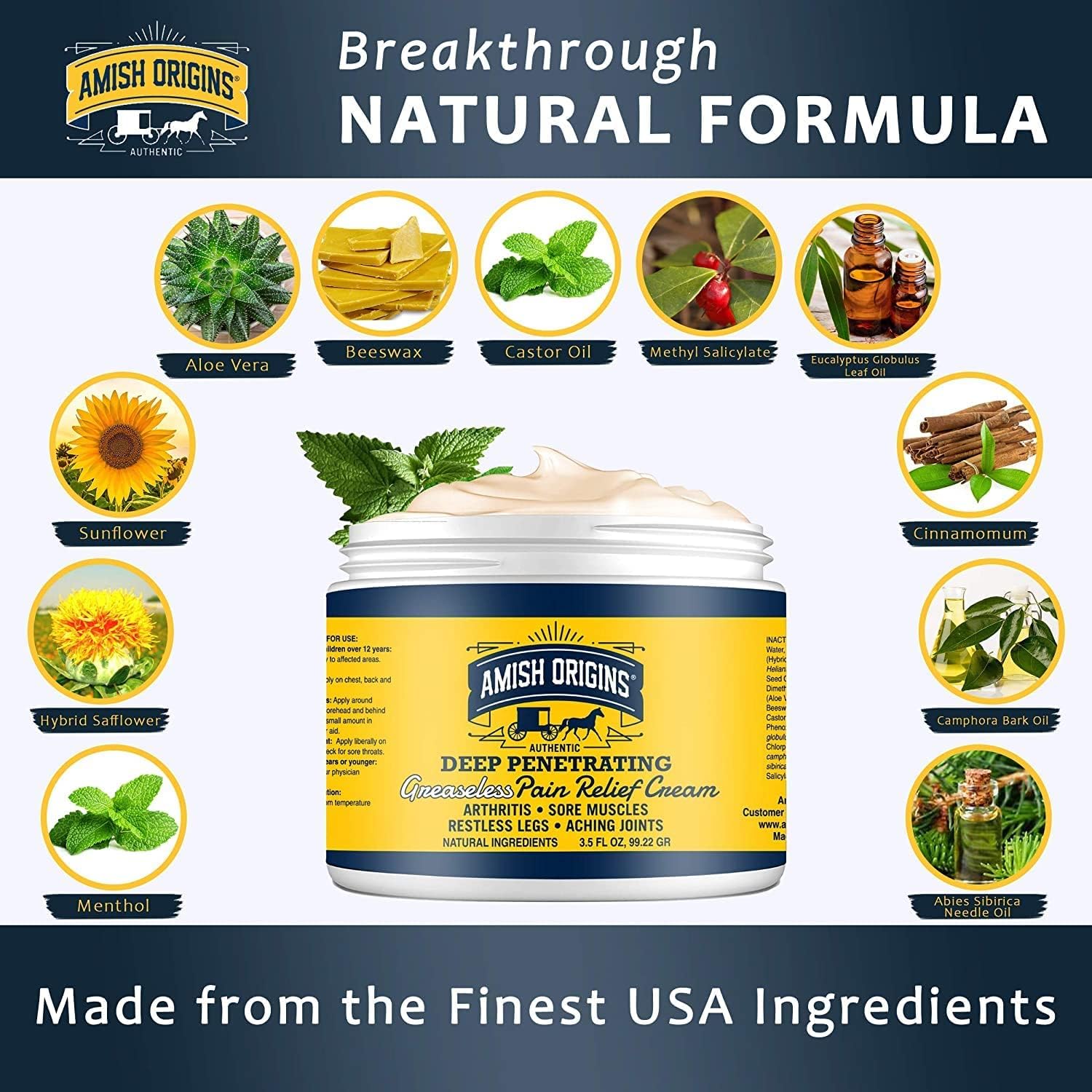 Amish Origins Arthritis Pain Relief Cream - 3.5 oz - Maximum Strength Deep Penetrating for Joint, Muscle, Knee, Back, Feet, Hand, Ankle, Aches, 1 Pack Amish Origins Au supplements