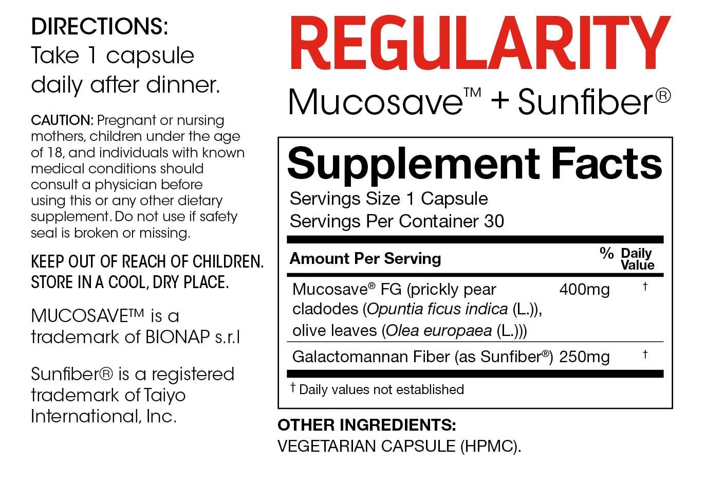 Silver Fern Regularity Digestive Supplement Capsules Brand - 1 Bottle = 30 Capsules = 30 Day Supply - Mucosave FG (Prickly Pear Polysaccharides & Olive Leaf Polyphenols) & SunFiber Silver Fern Au supplements