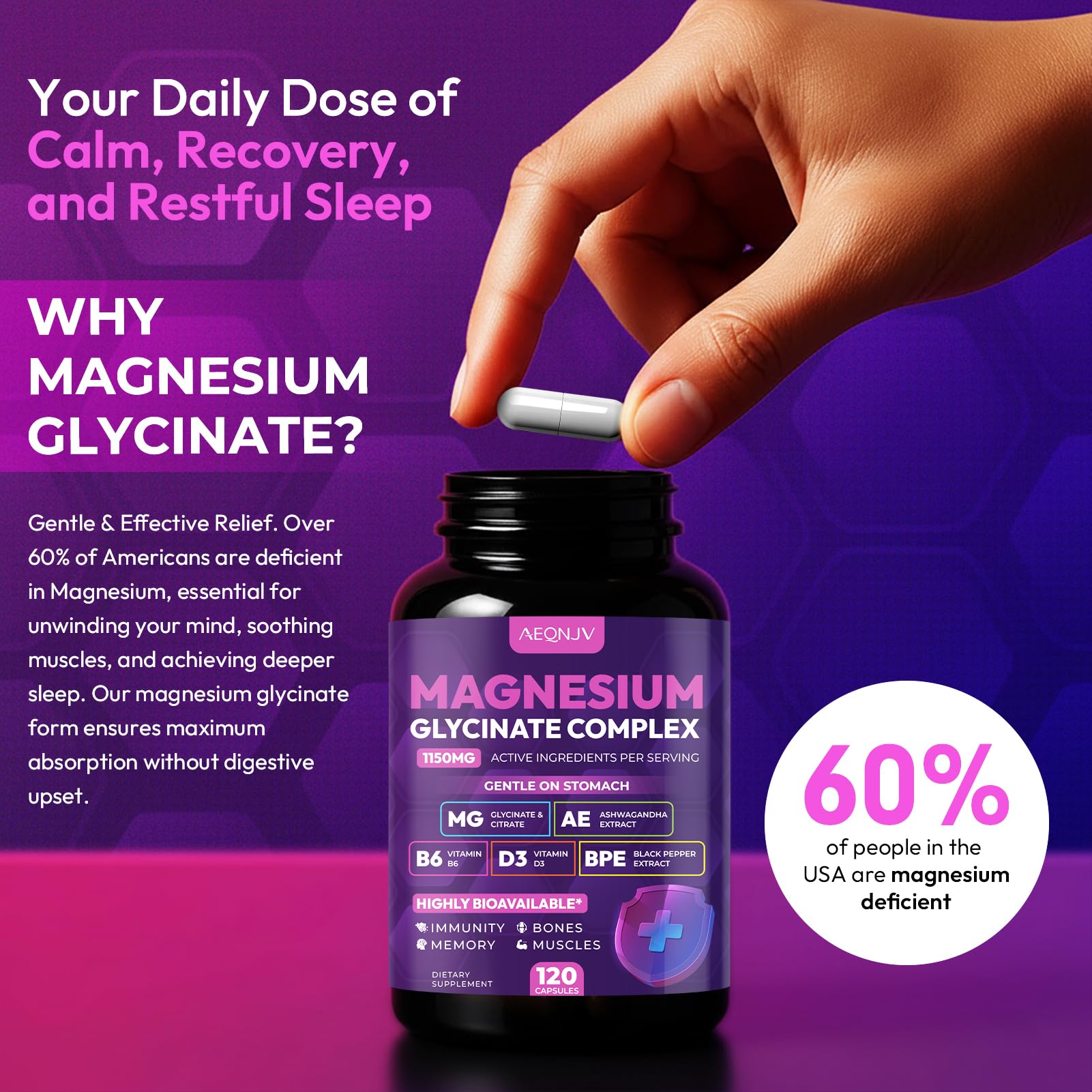 Magnesium Glycinate Complex 1150mg - Gentle on Stomach High Absorption Magnesium Capsules with Citrate, Silica, Ashwagandha & Vitamin B6 for Zzz, Stress Relief, Muscle Support for Adults, Women & Men AEQNJV Au supplements