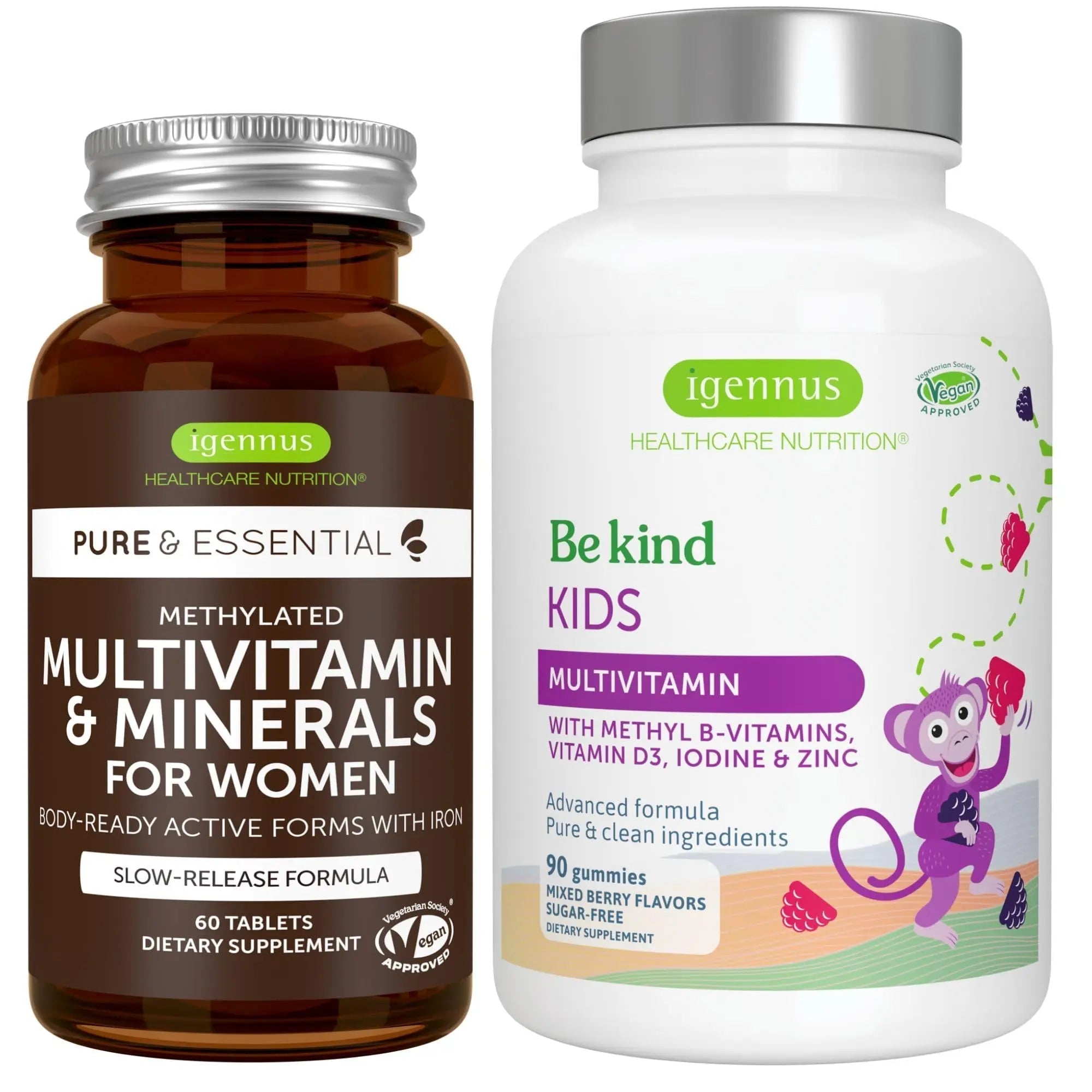 Multivitamin & Minerals for Women + Advanced Kids Multivitamin Gummy Vegan Bundle, with Methylated B-Vitamins, Vitamin A, C, D3 & E Igennus Healthcare Nutrition Au supplements