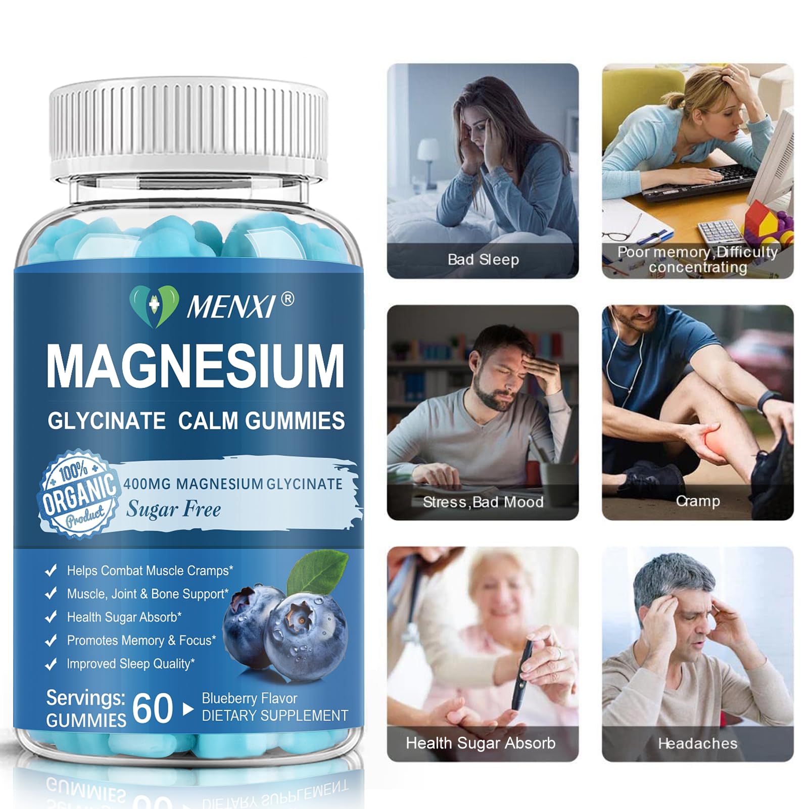 Magnesium Gummies 600mg per Serving-Magnesium Glycinate 400mg and Magnesium Malate 200mg,Sugar Free Magnesium Potassium Supplement for Calm Mood, Muscle, Bone & Sleep Support,60 Blueberry Gummies MENXI Au supplements