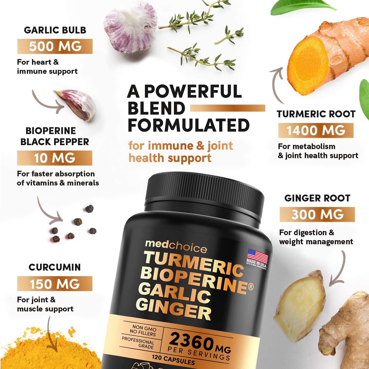 4-in-1 Supplement with Turmeric, Garlic, Ginger Root, and Black Pepper - 120 Capsules MEDCHOICE Au supplements