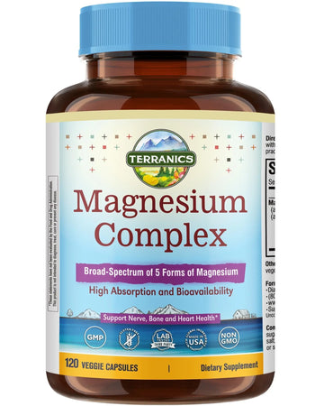 Terranics 5-in-1 Magnesium Complex Supplement 500mg - 5 Forms High Absorption Magnesium Glycinate Citrate Malate Aspartate Gluconate for Sleep Heart Health - Non-GMO 120 Vegan Capsules Terranics Au supplements