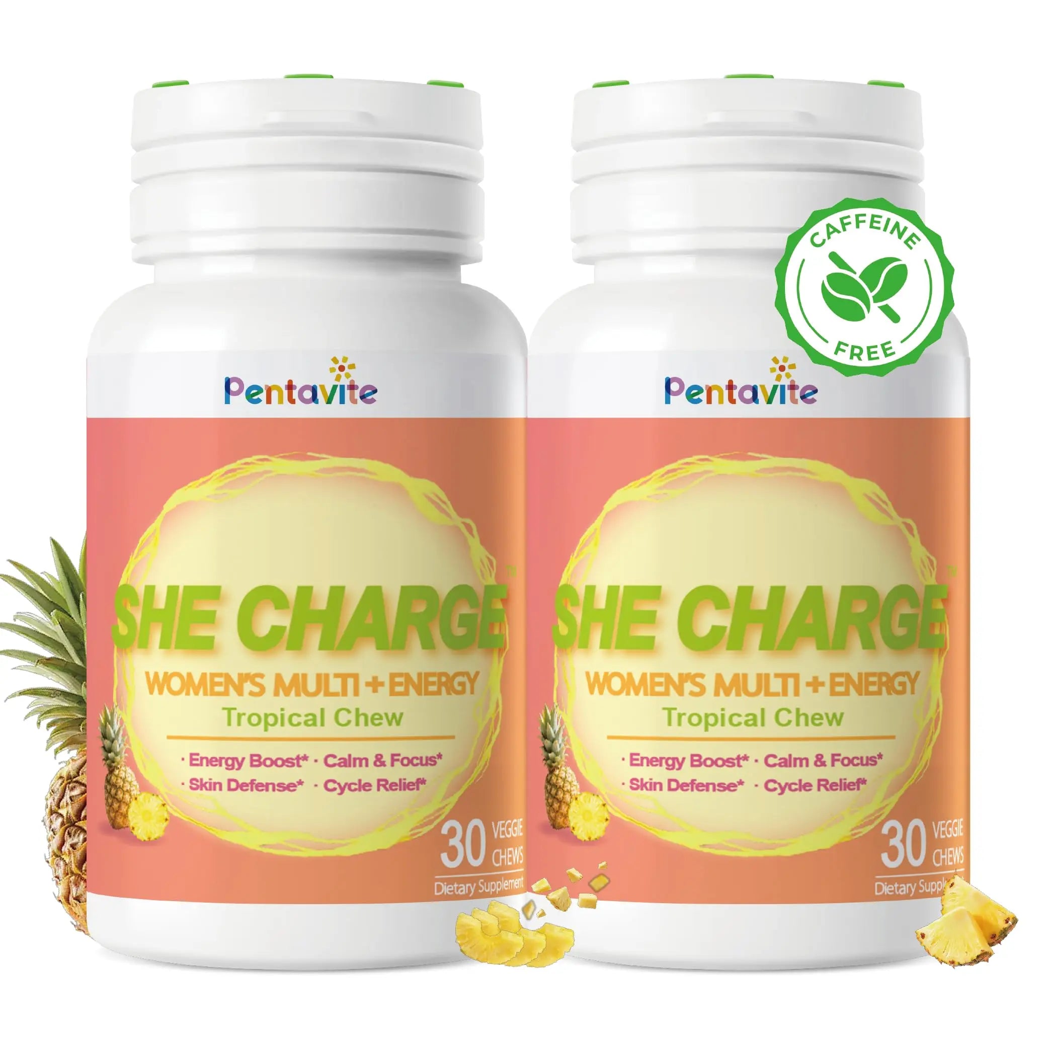 Pentavite She Charge Multivitamin for Women, Pineapple Tropical Chew, Daily Vitamin Supplements with Folate, Support Energy, Calm & Focus, Skin Defense and Cycle Pentavite Au supplements