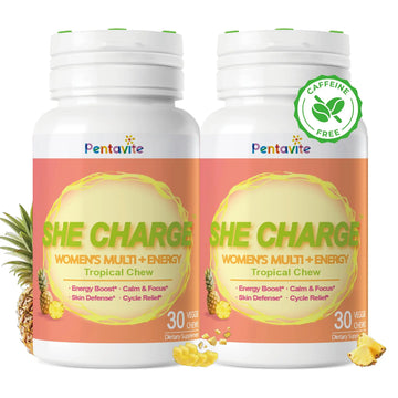 Pentavite She Charge Multivitamin for Women, Pineapple Tropical Chew, Daily Vitamin Supplements with Folate, Support Energy, Calm & Focus, Skin Defense and Cycle Pentavite Au supplements