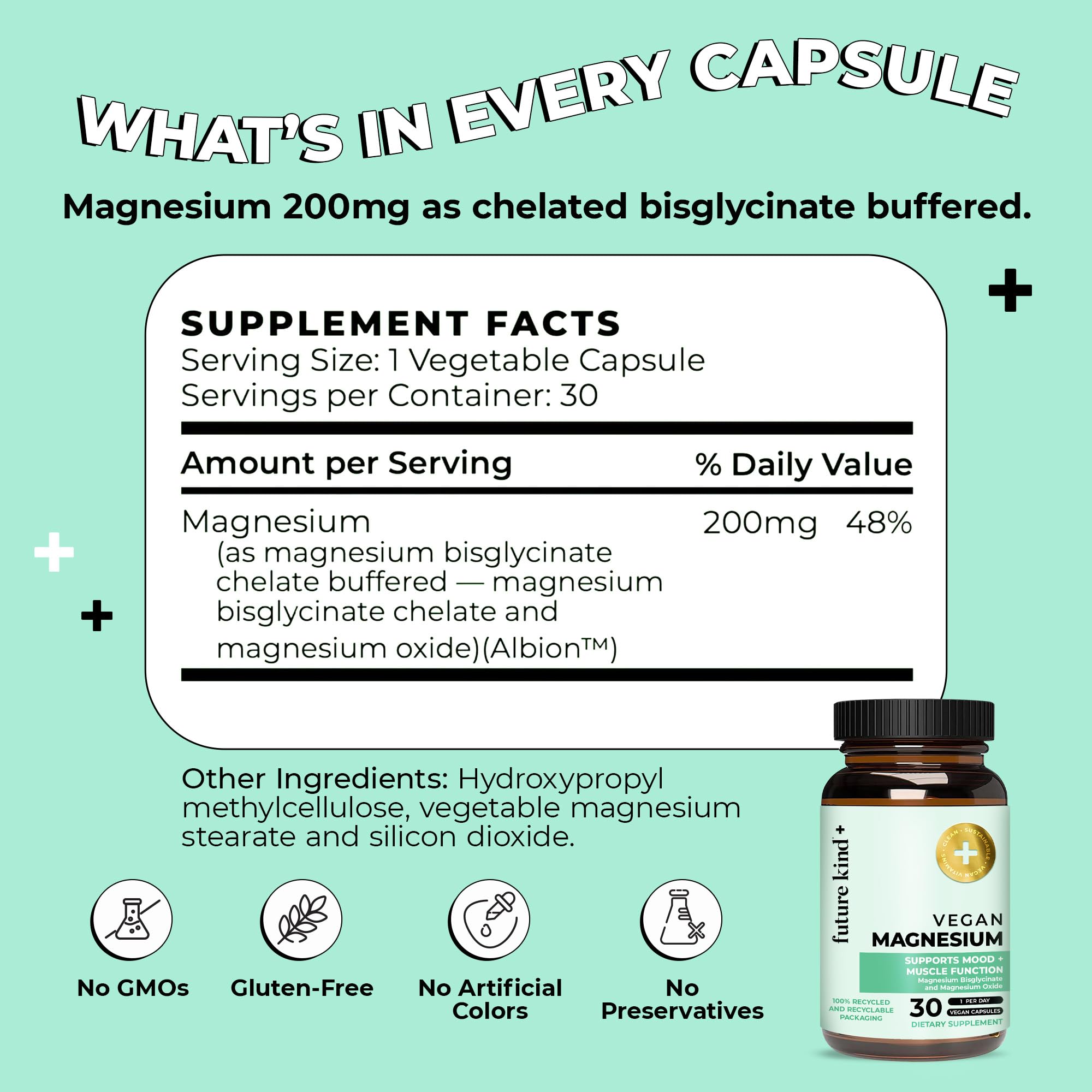 Future Kind Magnesium Glycinate, Supports Muscle and Nerve Function, High Absorption Chelated Magnesium Supplement, Nightly Calm, Energy & Metabolism, Highly Bioavailable & Potent - 30 Vegan Capsules Future Kind Au supplements